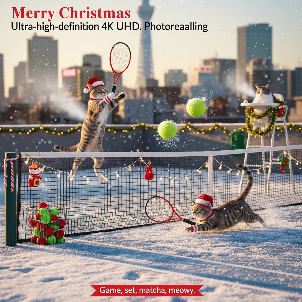 At the top of the Photorealistic picture taken from a camera image, Merry Christmas

Ultra-high-definition 4K UHD photorealistic winter scene: a Tokyo rooftop tennis court dusted with fresh snow, fairy lights strung along the net like tinsel, and tiny red-and-white ornaments on the net posts. Center frame, two athletic shorthair cats in miniature Santa hats and sporty hachimaki headbands play doubles—one mid-air in a dramatic jumping volley, racket strapped to its paw, eyes tack-sharp; the other skids across the baseline, kicking up powder. A chubby “umpire” cat sits on a high chair wrapped in garland, peering sternly at the action. A bright yellow tennis ball (dusted with snow) freezes mid-flight inches from the lens for comedic effect.

Background: rich bokeh of the Tokyo skyline at golden hour with Tokyo Skytree visible, warm neon signs softly glowing, breath vapor visible in the cold. The court shows realistic scuffs, tiny pawprints, and sparkling snow crystals. Festive details: candy-cane grip tape on rackets, a ball basket brimming with green-and-red tennis balls, and a tiny maneki-neko charm tied to the net. Mood is playful, warm, and funny.

Camera and light: full-frame DSLR look, 85mm lens, f/2, 1/1000s, ISO 200; low courtside angle at cat eye level; accurate winter sunlight with soft shadows; lifelike fur textures, whisker detail, and crisp snowflake sparkle; rich depth of field with pleasing background blur. Natural color, no over-saturation, no humans, no logos.

At the bottom on a small courtside banner, add the single cheeky line: Game, set, matcha, meowy!
Generated with these themes: Tennis, cats, japan, and .
Made with ❤️ by AI.