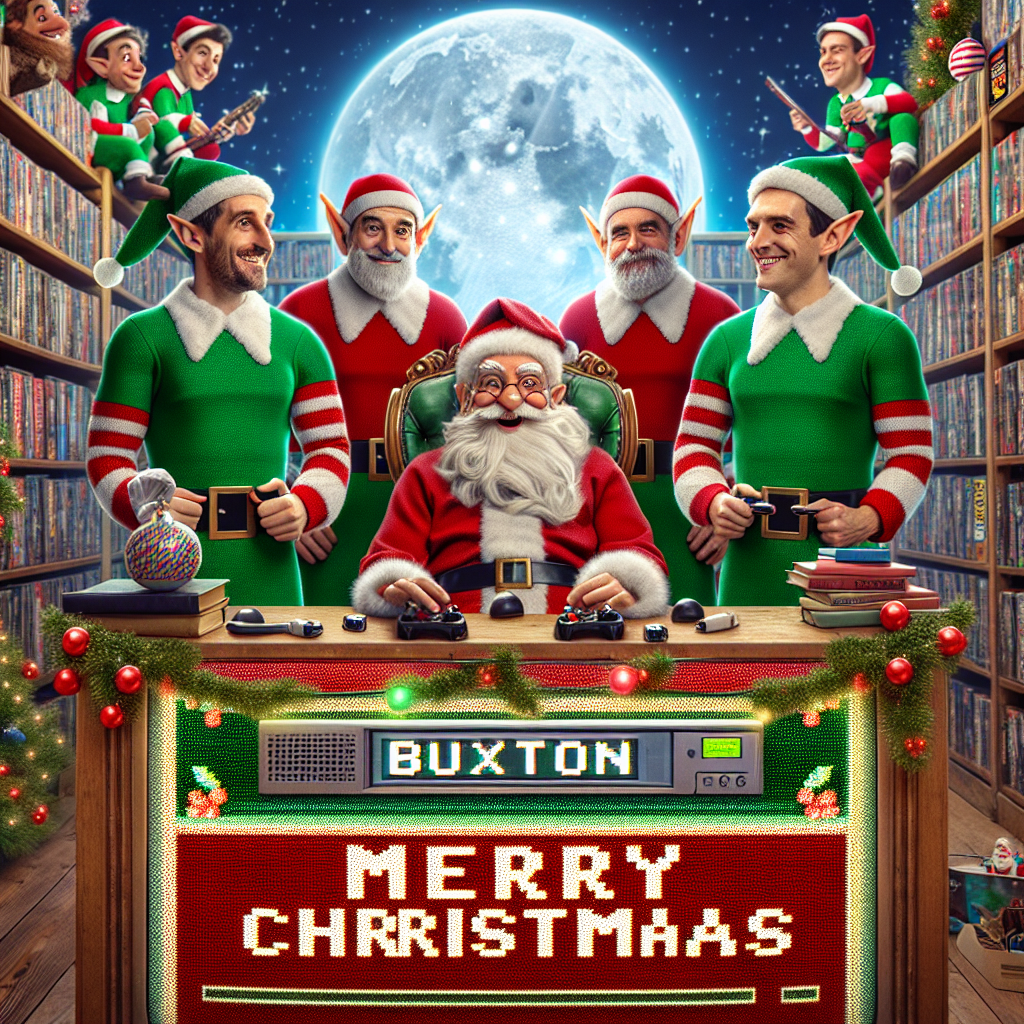 The illustration presents a humorous Christmas gaming tournament with Santa and elves wearing Buxton jerseys. The North Pole's bookshelves serve as game stands, lined with holiday-themed gaming titles. A 'Merry Christmas' banner is displayed across the top, made to look like a scrolling message on an old-school computer screen.
Generated with these themes: Gaming, Books, and Buxton.
Made with ❤️ by AI.