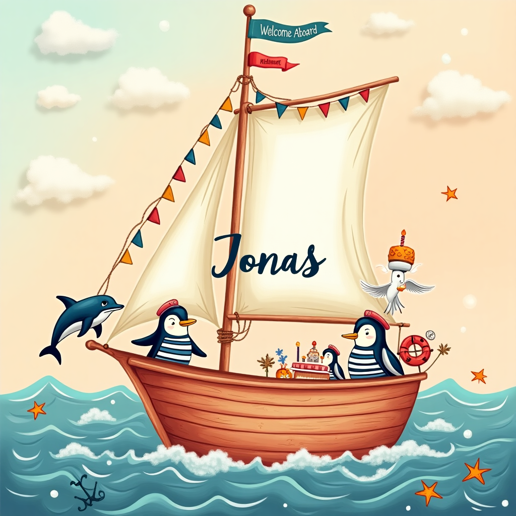 The card's front cover is a bustling and whimsical maritime scene, teeming with delightful details and nautical flair. 

**Background:** The sky is a canvas of warm pastels, transitioning from soft peach to pale azure, speckled with fluffy clouds. Below, a tranquil sea in shades of aquamarine and cerulean stretches across the card, with gentle waves forming white frothy crests.

**Foreground:** In the center, a charming, hand-drawn wooden sailboat bobs cheerfully on the waves. The sailboat is painted a cheerful coral with cream accents and features a large, billowing sail. Upon the sail, elegantly written in a hand-lettered style reminiscent of classic storybook text, is the name "Jonas."

**Characters and Details:**
1. **A Family of Sea Creatures:** At the bow, a playful dolphin with a cheeky grin leaps joyfully from the water, while a family of small, expressive starfish cling to the sides of the boat, their eyes wide with excitement. 

2. **Deck Party:** On the deck, a gathering of whimsical creatures celebrates. A penguin in a striped sailor shirt holds a tiny, festive cake topped with a single candle, while a seagull wearing a jaunty captain's hat waves a miniature pennant flag that reads "Ahoy!" 

3. **Details and Accents:** 
   - A banner of colorful signal flags (red, blue, yellow, and white) runs from the mast to the stern, fluttering in the imagined breeze.
   - Scattered across the boat are various maritime knick-knacks: a tiny anchor, a coiled rope, and a spyglass.
   - A small, classic wooden lifebuoy with "Welcome Aboard" painted on it hangs from the side.
   - Playful waves and bubbles surround the boat, with a few curious fish peeking from the depths below.

**Color Palette:** The scene uses a vibrant and fresh color palette, with primary colors like coral, aquamarine, and sunny yellow, contrasted with softer, neutral tones like cream, sandy beige, and sky blue.

**Overall Scene:** The entire illustration is crafted in a detailed hand-drawn style, combining the expressive linework of Edward Gorey with the whimsical and intricate compositions of Maurice Sendak. Each element is full of lively detail, creating a vivid maritime world that celebrates the arrival of baby Jonas with nautical charm and delight.
Generated with these themes: Maritime, and .
Made with ❤️ by AI.
