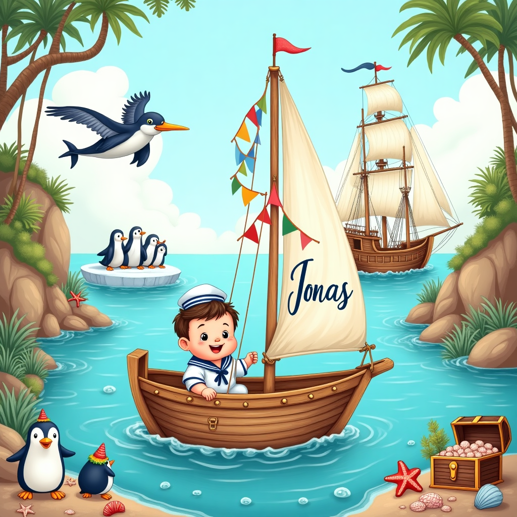 Picture a lively and whimsical maritime scene set on a sunny day, perfect for welcoming a new baby named Jonas. In the foreground, a chubby-cheeked baby sailor sits happily in a small, wooden rowboat gently rocking on crystal-clear, turquoise waters. The boat is adorned with colorful bunting flags in shades of baby blue, sea green, and sunny yellow. 

The sail of the boat prominently features the name "Jonas" in bold, flowing, navy blue script, reminiscent of a ship's masthead, rippling with the breeze. The edge of the boat is lined with small, detailed carvings of playful sea creatures such as smiling starfish and curious seahorses. 

Surrounding the boat are an array of charming sea animals, each with a humorous twist. A family of dolphins leap joyfully in an arch, their expressions almost cartoonish with wide, playful eyes. Nearby, a group of jovial penguins stand on an iceberg, wearing comical sailor hats. 

Above the boat, fluffy white clouds float against a soft, cerulean sky, with a soaring albatross carrying a small banner in its beak that reads "Welcome Aboard" in flowing gold script. In the distance, a classic tall ship with billowing sails appears on the horizon, drawn in the detailed, intricate style of Gustave Doré, yet with a friendly, inviting presence.

The shoreline is visible, framed by lush greenery and rocky cliffs, echoing the style of Arthur Rackham with intertwining vines and delicately shaded leaves. Tucked between the rocks, a treasure chest spills over with vibrant coral and sparkling seashells, adding pops of pastel colors.

This hand-drawn illustration combines intricate details and playful elements, capturing the delight of a maritime adventure for little Jonas's arrival.
Generated with these themes: Maritime, and .
Made with ❤️ by AI.