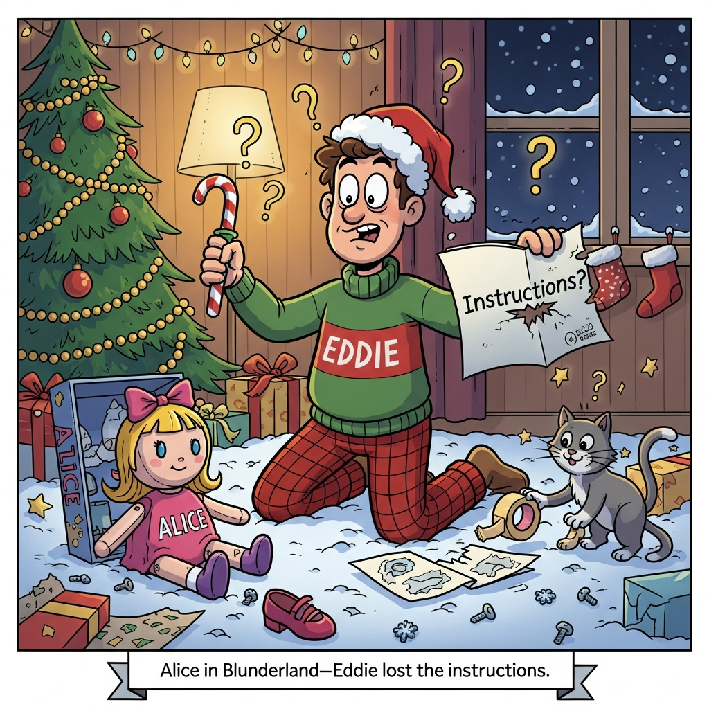 Eddie lost the instructions for his Alice doll, and Christmas Card
