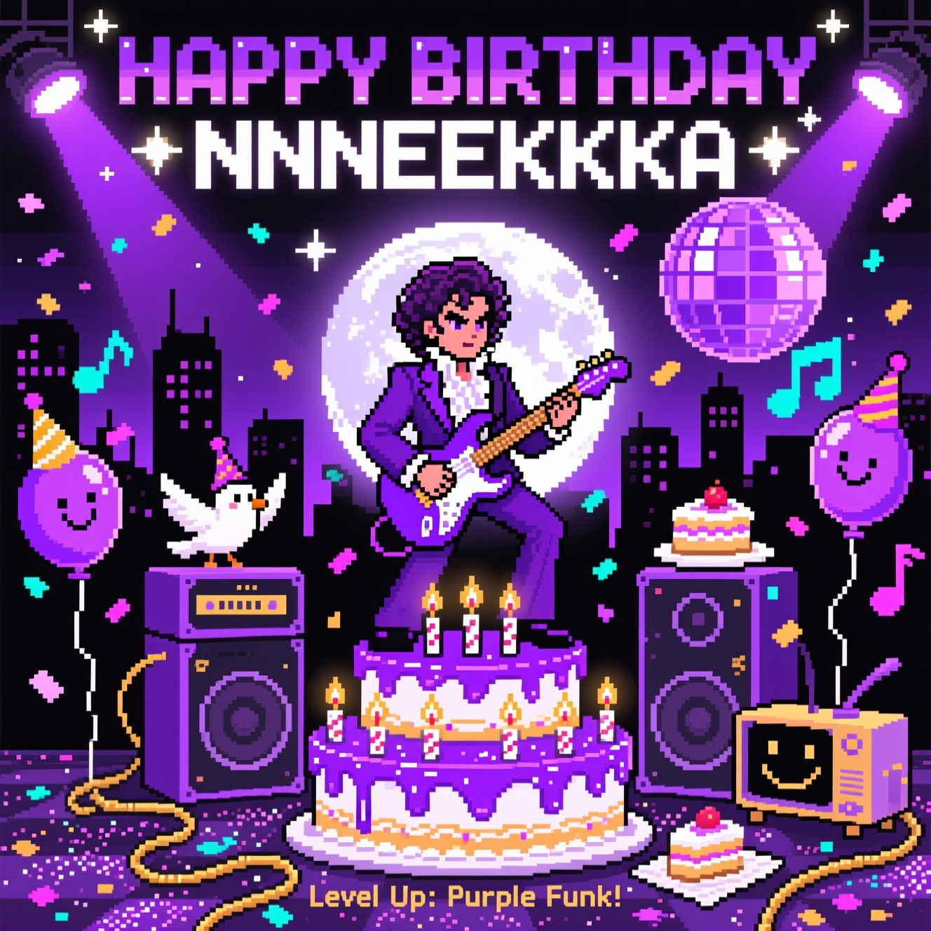 At the top of the Pixel Art Style image, HAPPY BIRTHDAY NNNEKKKKA in chunky 8-bit letters with a shimmering purple gradient and a crisp white pixel outline, twinkling star-sparkles around it.

Crisp 8-bit pixel art, vibrant limited palette heavy on purples (plum, violet, lavender, magenta) with black, electric cyan, gold, and white accents; big chunky square pixels, dithered shading, no anti-aliasing. Center stage: a Prince-inspired pixel pop icon in a flamboyant deep-purple suit and ruffled white shirt, curly hair and eyeliner, striking a heroic pose while shredding a whimsical curvy purple guitar. He stands atop stacked purple amps that double as a tiered birthday cake, with flickering 8-bit candle flames and icing dripping in lavender pixels. Comedic chaos: fat “purple rain” pixels fall like confetti, bouncy music-note balloons bob through the scene, and two cheeky pixel doves in party hats groove on the speakers—one delivering a slice of cake on a tiny napkin. Neon-violet spotlights sweep across a pixel disco ball, casting dithered purple glints; a moody city skyline silhouette glows in lavender with a big pixel moon behind. The stage floor is sprinkled with glittering pixels, a curly guitar cable, and a smiley-faced mini monitor. Overall vibe: funny, funky, and gloriously purple, with a nostalgic arcade-game charm and full-bleed composition.

At the bottom of the image, a tiny one-line pixel caption in gold: Level Up: Purple Funk!
Generated with these themes: Prince the singer, so lots of purple, and .
Made with ❤️ by AI.