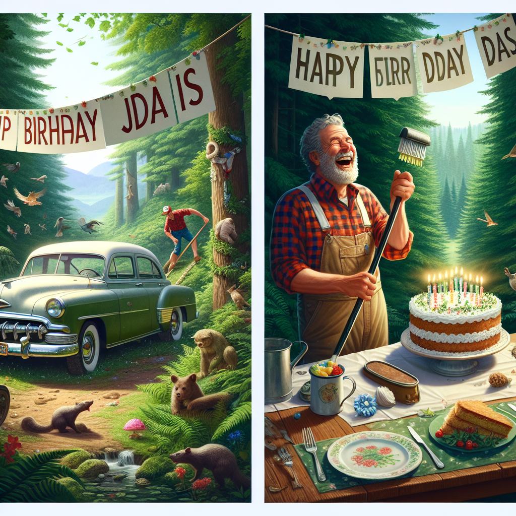 A joyful birthday scene manifests as a Christian Caucasian dad finds amusement in his own dad jokes, written on a festoon hung above. His laughter rings in the air as he busily cleans a sparkling vintage car, symbolizing meticulous care and unwavering dedication. The verdant forest around him is lively and bustling with creatures big and small. Simultaneously, there lies a table nearby, adorned and ready for a birthday celebration. It is graced with decorations inspired by the beauty of nature and has a homemade cake acting as a charming centerpiece, symbolizing warmth and love.
Generated with these themes: Christian, Dad jokes, Classic cars, and Nature.
Made with ❤️ by AI.