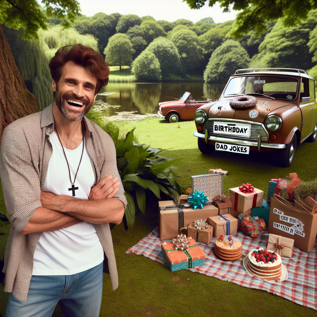Create an image of a heartwarming birthday scene set in a picturesque outdoor location. Picture a joyful Christian dad, identified by a cross necklace, smiling broadly next to a vintage automobile amidst verdant plants and trees. The car is distinctive, covered in funny bumper stickers flaunting 'dad jokes'. Nearby, a relaxing picnic setting is visible with a colourful blanket spread out on the grass, a large, tempting birthday cake, and an array of festively-wrapped presents laying on it. In the background, a calm lake mirrors the cheerful atmosphere of the day.
Generated with these themes: Christian, Dad jokes, Classic cars, and Nature.
Made with ❤️ by AI.