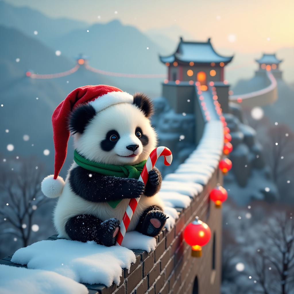 **Prompt:**  
A heartwarmingly cute and realistic photograph of a fluffy panda wearing a red Santa hat and a tiny green scarf, sitting joyfully on a snowy section of the Great Wall of China. The panda is surrounded by soft falling snowflakes and nibbling on a candy cane-shaped bamboo stick. In the background, red lanterns and twinkling fairy lights decorate the ancient stone wall, casting a festive glow in the wintery dusk. A distant snowy mountain landscape and a serene wintry sky complete the cozy, magical Christmas scene.
Generated with these themes: panda on great wall of china.
Made with ❤️ by AI.