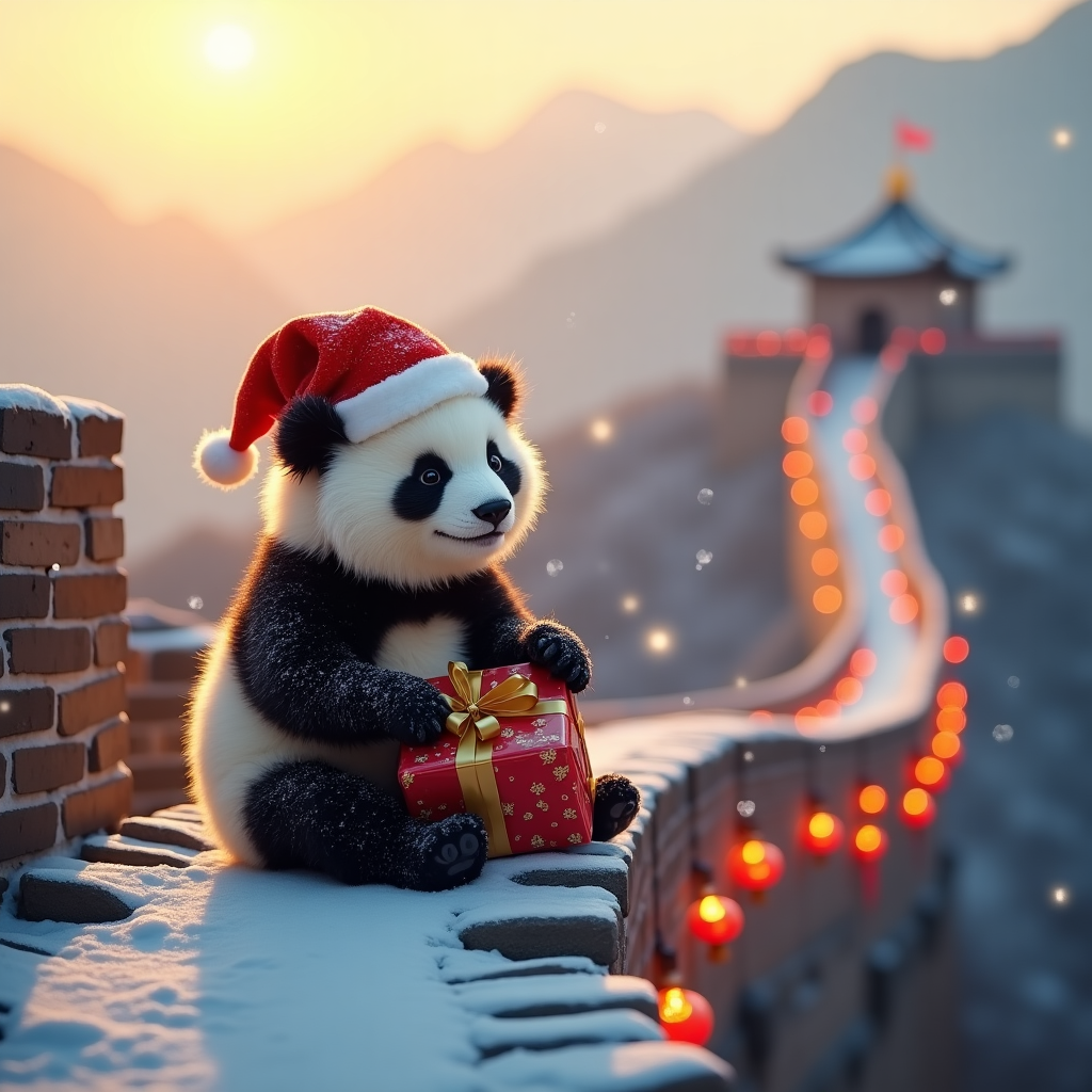 **Prompt:**  

A heartwarming, realistic photograph of an adorable fluffy panda sitting contentedly on a snow-dusted section of the Great Wall of China at sunrise. The panda is wearing a cozy red Santa hat slightly askew on its head and holding a small, festively wrapped gift with a gold ribbon. Tiny snowflakes gently fall around, catching the warm golden glow of the morning light. Behind the panda, the ancient wall winds through softly snow-covered mountains, decorated with delicate red lanterns and twinkling fairy lights, evoking a magical Christmas spirit in a serene winter landscape.
Generated with these themes: panda on great wall of china.
Made with ❤️ by AI.