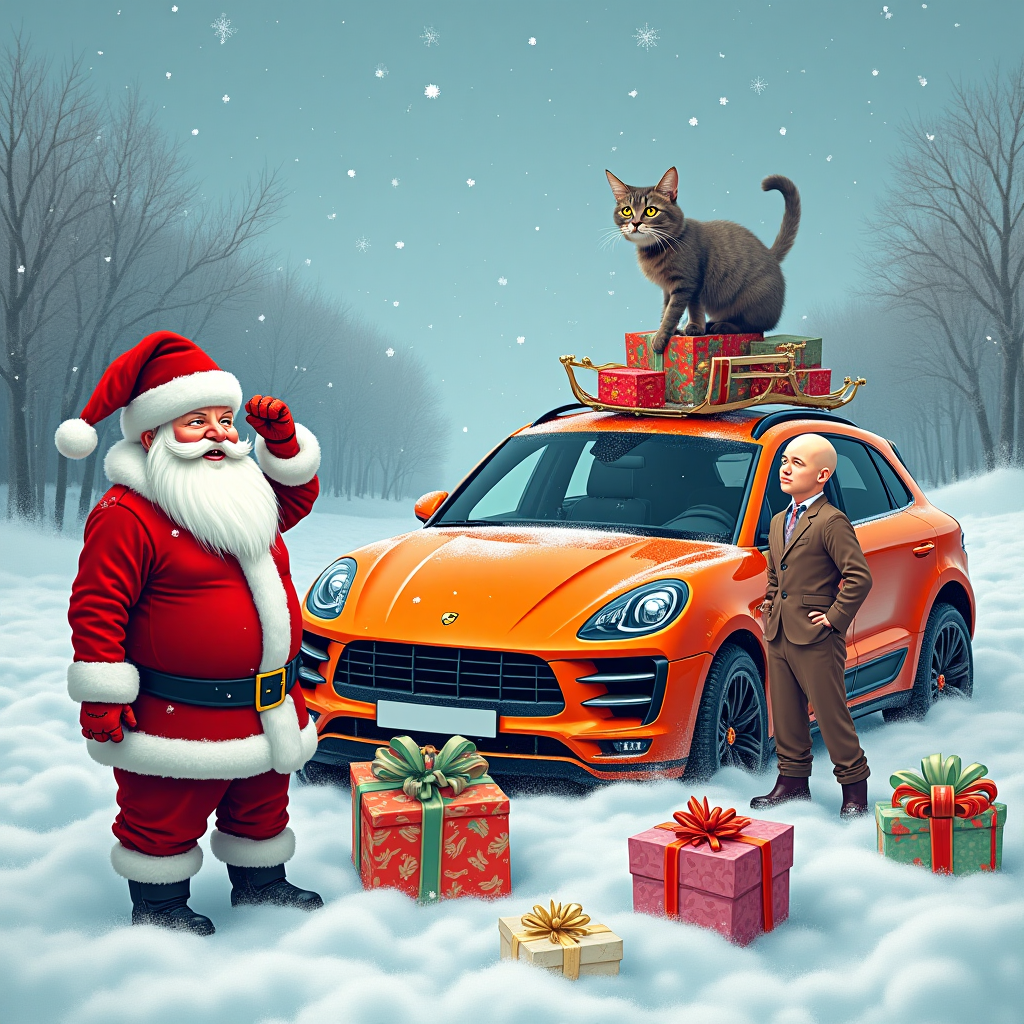 Foreground crashed sleigh with santa scratching his head, Background crashed orange porsche macan, Bald man sitting upset, Slender woman with hands on hips, Grey british shorthair cat, Presents scattered around in snow drift, and Christmas Card