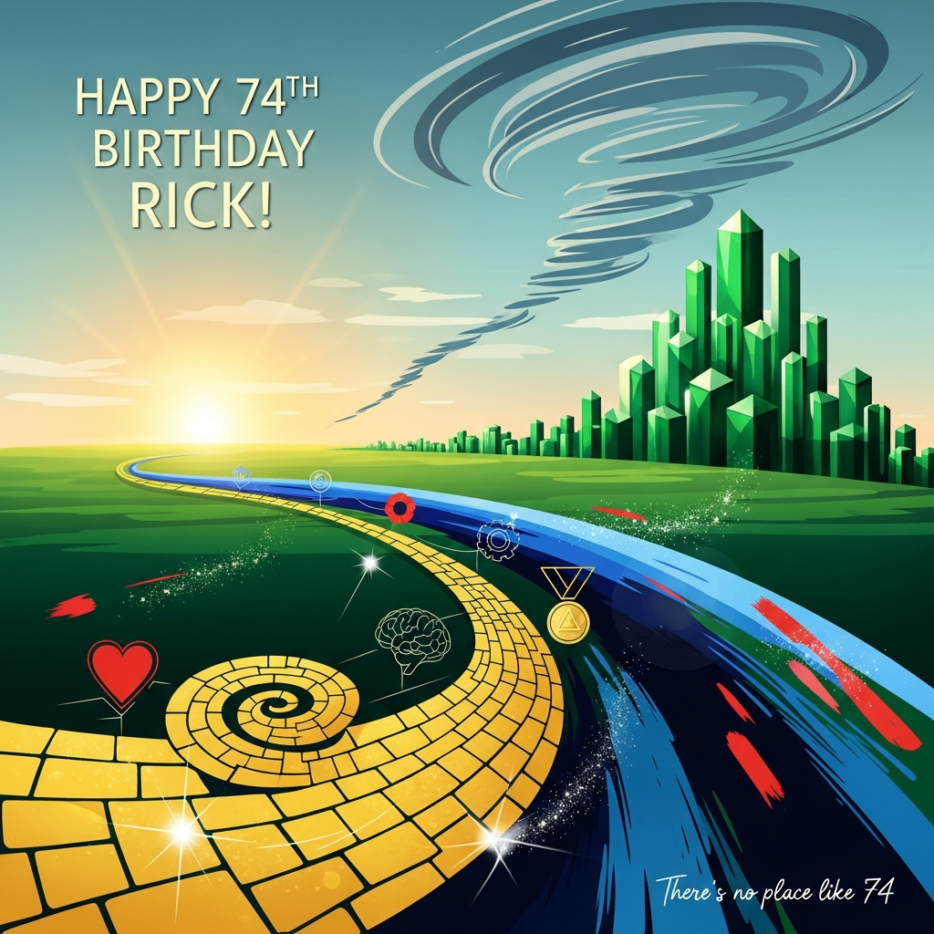 At the top of the Abstract Style image, Happy 74th Birthday Rick!

Create a bold, sincere abstract composition inspired by the Wizard of Oz using high-contrast colors, dynamic brush-stroke textures, and flowing curves over crisp geometry. Let a luminous golden-brick spiral path (the Yellow Brick Road) sweep from the bottom-left toward a horizon of faceted emerald prisms (an abstract Emerald City), with a gentle cyclone swirl of soft slate-gray arcs curving through the sky. Emphasize a modern expressive feel: palette-knife streaks, thick impasto gestures, and translucent layers over geometric shapes.

Color palette: deep emerald green, sunflower yellow-gold, midnight blue, sky teal, poppy red accents, and gleaming silver highlights. Warm sunrise glow for sincerity; soft halo around the emerald forms; scattered star-dust flecks catching light along the path.

Integrate symbolic motifs as minimal abstract glyphs (no literal characters): a red heart, a subtle line-drawn brain, a gold triangle/medal (courage), and a tin-silver gear—woven into the path and city shapes. Let the golden road’s curves subtly form the numerals 7 and 4 when viewed from afar.

Typography:
- Top text placement: set “Happy 74th Birthday Rick!” in elegant, airy lettering—clean sans serif or gentle script—warm white with a soft gold edge, lightly embossed, floating against a calm sky gradient for legibility.
- Small caption: at the bottom-right in delicate handwritten script, a single short line that’s cheeky yet heartfelt: “There’s no place like 74.”

Overall mood: uplifting and sincere, with confident geometry, fluid motion, and a celebratory shimmer—an abstract journey toward bright, emerald horizons. No characters or faces, no borders; keep it image-first and immersive.
Generated with these themes: Wizard of Oz, and .
Made with ❤️ by AI.