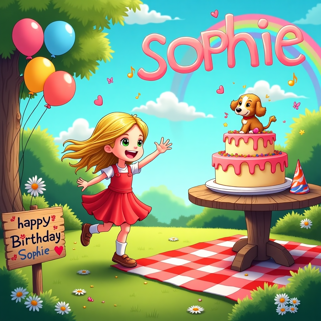 Draw Sophie (6 years old, caucasian, long blonde hair, green eyes) dancing with her bernedoodle dog Birthday Card