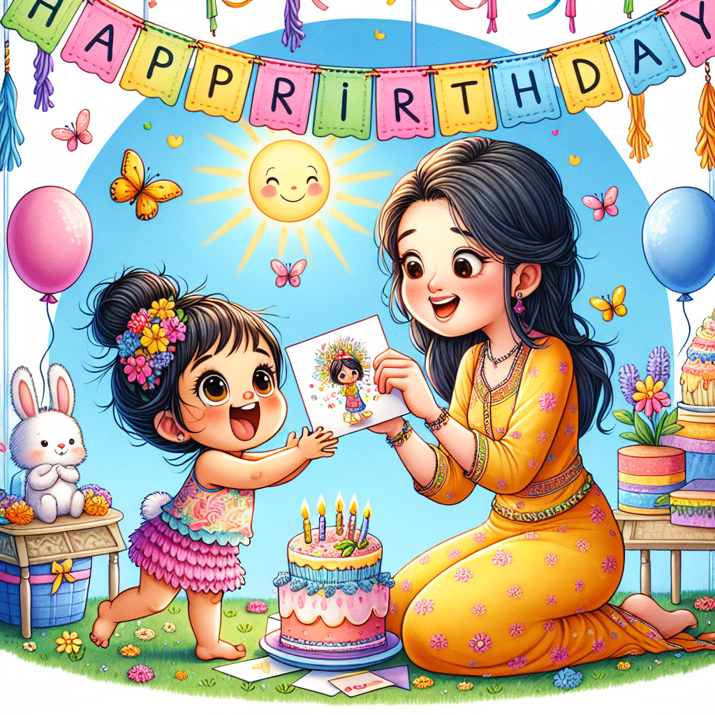 Design a whimsical cartoon scenario featuring a birthday celebration. At the center is an adorably bumbling toddler of South Asian descent, who is excitedly handing over a hand-drawn birthday card to her aunt. Capture her aunt, a Caucasian woman, kneeling in an open-armed gesture of acceptance. Their backdrop is vibrant, decorated with multicolored streamers and balloons with a banner overhead that reads 'Happy Birthday!'. The aunt is placed amid a sunny setting adorned with flowers, cartoon butterflies fluttering around them. Include a fluffy bunny peeking out from behind a table laden with cupcakes.
Generated with these themes: Wishing a happy birthday by a toddler to her mummys younger sister.
Made with ❤️ by AI.