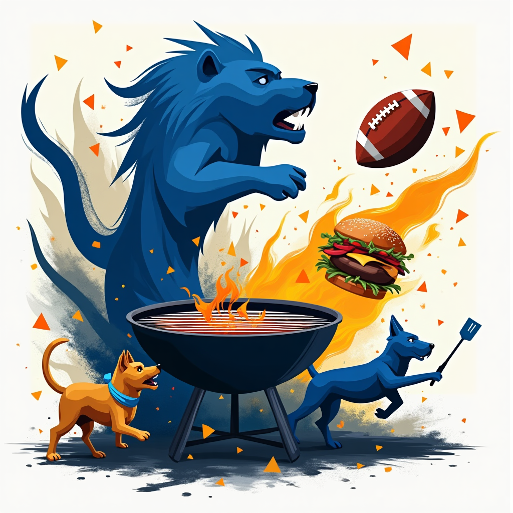 At the top of the Abstract Style image, Happy Birthday Grandpa!

- Bold, modern abstract scene bursting with geometric shapes and fluid curves; high-contrast colors and dynamic brush-stroke textures.
- Palette: Detroit Lions Honolulu blue and metallic silver as primaries, with charcoal black, ember orange, mustard yellow, and crisp white highlights.
- Central focus: a circular grill rendered as a cobalt-blue disc with silver crosshatch “yard-line” grill marks; flames are jagged orange triangles and swooping curves.
- Rising smoke morphs into a stylized roaring lion silhouette in blue and silver (Detroit Lions vibe, no literal logo), with energetic brush swipes and splatter.
- A playful dog made of simple shapes (triangular ears, round snout, wagging curved tail), wearing a Honolulu-blue bandana; the dog leaps to “intercept” a flying burger stylized like a football with sesame-seed “laces.”
- Grill lid subtly echoes a football helmet profile; tongs form goalposts; spatula as a sideline marker; ketchup and mustard streaks arc like playbook arrows around the scene.
- Confetti-like blue and silver shapes and motion trails amplify the celebration; strong highlights and shadows for punchy, poster-like contrast.
- Composition: portrait orientation, energetic diagonals, layered textures, crisp overlaps; generous negative space around the top for the main text, minimal text elsewhere.
- Keep it painterly and abstract rather than realistic; emphasize thick impasto strokes, dry-brush textures, and clean vector-like edges.

Additional small caption: place at the bottom in playful brush lettering, Roar. Sear. Sit!
Generated with these themes: The Detroit Lions, Grilling , His dog, and .
Made with ❤️ by AI.
