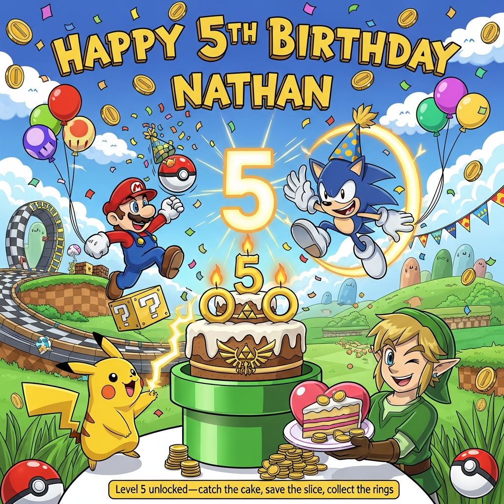 At the top of the Cartoon Style image, place the text "Happy 5th Birthday Nathan".

A bright, funny, full-bleed cartoon mashup birthday scene bursting with energy: center stage is a two-tier cake shaped like a green warp pipe with a golden Triforce topper and ring-shaped candles forming a big 5. Pikachu is on tiptoes, cheeks sparking as it zaps the ring-candles alight, confetti popping from the sparks. Mario leaps up to bonk a floating ?-block; instead of a coin, a Poké Ball pops out and bursts into rainbow confetti, surprising him mid-jump. Sonic blurs in a playful loop around the cake, his golden rings spiraling to outline a glowing number 5 in the air, party hat askew, huge grin. Link, the green-clad hero, winks as he presents a heart-container-shaped plate with an enormous slice of cake; shiny rupees spill at his feet. The background is a whimsical blend: checkerboard hills and loop from a speedy zone on one side, Mushroom Kingdom rolling hills with happy clouds on the other, Hyrule-style banners with tiny Triforce patterns fluttering above, and patches of tall grass with Poké Balls peeking out. Balloons shaped like mushrooms, rupees, and rings float around, coins shimmer in the air. Exaggerated proportions, thick black outlines, saturated candy colors, bouncy expressions, dynamic motion lines, and a joyful party vibe. Make the title text big, bouncy, and candy-colored with coins, rings, rupees, and tiny Poké Balls orbiting it.

At the bottom, add a small hand-lettered caption: "Level 5 unlocked—catch the cake, save the slice, collect the rings!"
Generated with these themes: Zelda, Pokémon , Mario, Sonic, and .
Made with ❤️ by AI.