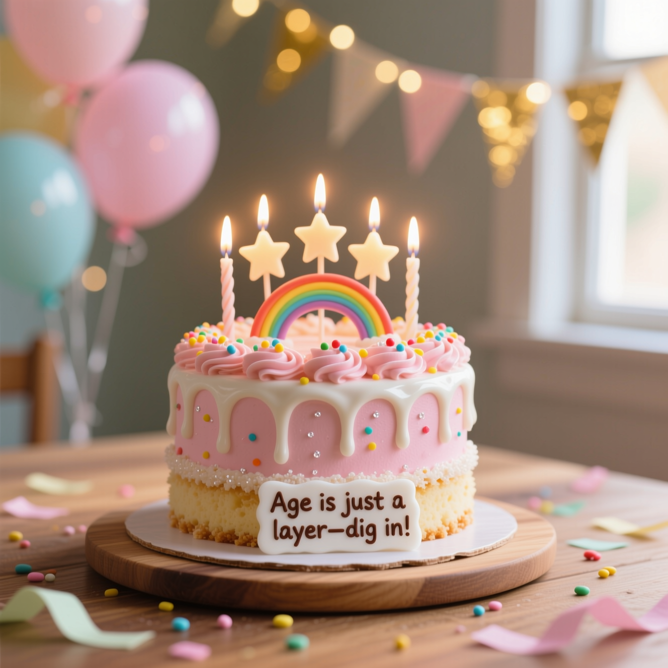 Ultra-high-definition 4K UHD photorealistic food photograph, portrait orientation (4:5). Centerpiece: a small two-layer vanilla birthday cake with smooth blush‑pink buttercream, glossy white‑chocolate drip, rainbow confetti sprinkles, and five lit star‑shaped candles. Warm candle glow and soft window light from the left, gentle rim light on the frosting; lifelike textures—buttercream swirls, tiny sugar crystals sparkling, realistic crumb. Cake on a natural wood table with a few scattered sprinkles and pastel paper confetti. Background: softly blurred pastel balloons and bunting, golden fairy‑light bokeh; rich, creamy depth of field. Composition: 3/4 angle at slightly low eye level, clean negative space above the candles for the glow. On the cake board, a small white fondant plaque with neat hand‑piped cocoa letters reading: “Age is just a layer—dig in!” (text small, cheeky, and integrated in-scene). Camera style: full‑frame 85mm prime at f/1.8, ISO 200, 1/200s, accurate color, true‑to‑life lighting, subtle filmic contrast, no people, no clutter, no graphics.
Generated with these themes: Cake , and .
Made with ❤️ by AI.