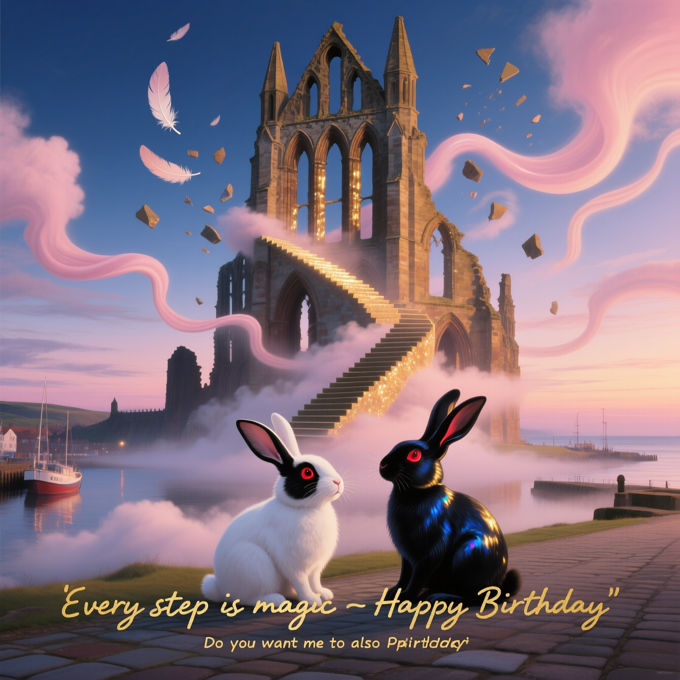 Whitby, Whitby abbey , Whit rabbit with black snout and red eyes , Black rabbit, Goth , 199 steps, and Birthday Card