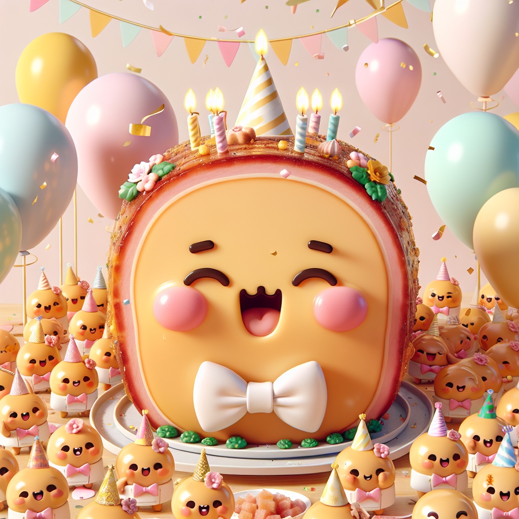 Render an image of a delightful cartoon birthday party scene, filled with tiny, charming cartoon sausages wearing bow ties and smiling sweetly, adding to a cute, kawaii ambiance. The centerpiece of the scene is a jubilant, anthropomorphic honey roast ham with rosy cheeks and a joyful grin, adorned with a festive ribbon. The scene includes pastel colored balloons and a sprinkle of confetti, together imparting a merry, lively atmosphere. The scene strives to attain an amusing paradox of being both appetizing and charming at once.
Generated with these themes: Honey roast ham, Sausage, and Kawaii .
Made with ❤️ by AI.