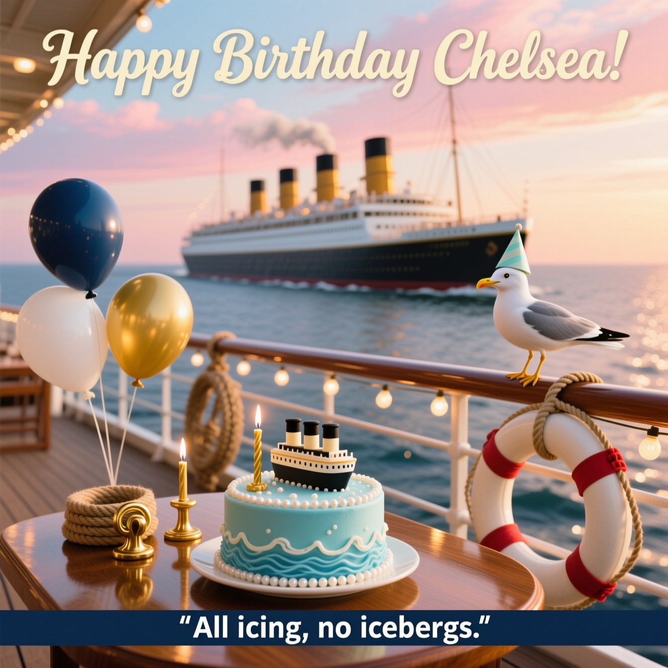 At the top of the Photorealistic picture taken from a camera image, "Happy Birthday Chelsea!"
At the bottom of the Photorealistic picture taken from a camera image, "All icing, no icebergs."

Ultra-high-definition 4K UHD vertical portrait photograph, cute mood, accurate lighting, lifelike textures, and rich depth of field. Golden-hour sunlight on the polished teak deck of a vintage early-1910s ocean liner reminiscent of the Titanic. In sharp foreground focus: a small sea-blue frosted birthday cake on a glossy wooden deck table, topped with sugar “sea-spray” pearls and a tiny edible fondant ocean liner with four cream-and-black funnels; a slim gold candle glows softly. Nearby: coiled nautical rope, a gleaming brass cleat, and a life ring with red bands (no text). Tied to the rail, navy, white, and gold helium balloons bob in a gentle sea breeze. A photorealistic seagull in a pastel paper party hat perches on the brass rail, tilting its head adorably. In the softly blurred background, a majestic four-funneled ocean liner glides over calm, sparkling water under a peach-and-rose sky; string lights along the rail create cozy bokeh. No people. Natural palette of seafoam, ivory, navy, and warm gold. Shot on a 50mm lens, f/2.8, ISO 100, 1/250s; shallow DOF with crisp frosting textures, wood grain, and brass reflections; subtle lens flare, realistic ocean shimmer.

Text styling:
- Top headline: large, elegant early-1900s-inspired serif or hand-lettered script in warm ivory with a soft gold sheen, centered, subtle drop shadow for legibility against the sky.
- Bottom punch-line: playful small-caps sans-serif in bright white on a slim navy ribbon banner hugging the bottom edge, light fabric texture and soft shadow so it feels naturally integrated.
Generated with these themes: Titanic, and .
Made with ❤️ by AI.