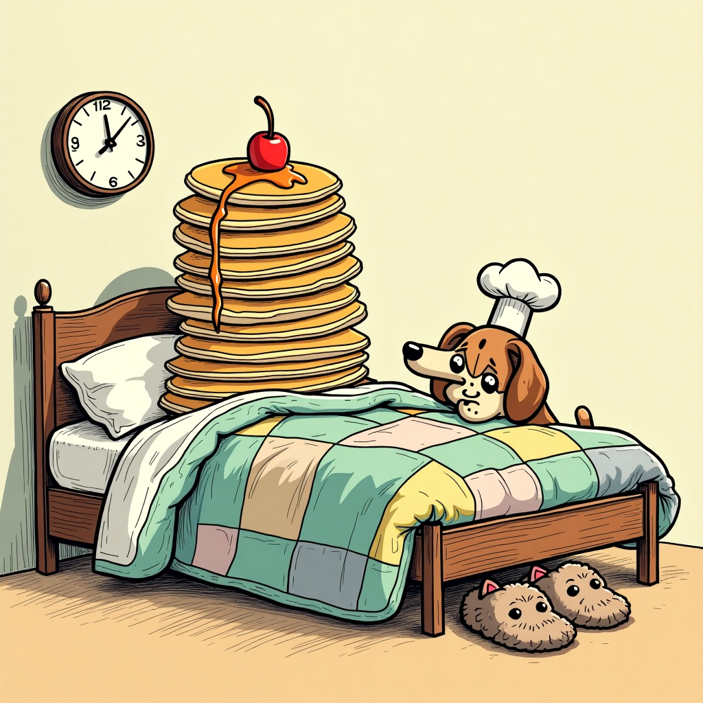 In the center of the card, a cozy bedroom scene unfolds with a comically oversized bed taking up most of the space, reminiscent of Winsor McCay's dreamlike settings. The bed is covered in a quilt patterned with playful, colorful patches, echoing Hergé’s love for bold, clean lines. A scruffy, wide-eyed dog and a sassy, aloof cat lie comfortably under the quilt, mirroring Bill Watterson’s dynamic character expressions. The dog, resembling a charming mix of a beagle and a terrier with expressive eyebrows, wears a tiny chef’s hat tilted to one side, a nod to the whimsical touches of Charles Schulz.

Above them, precariously balanced on the headboard, is a teetering stack of golden-brown pancakes dripping with syrup, exaggerated in size like something out of R. Crumb’s exaggerated worlds. A singular, perfectly-placed cherry sits atop the pancake tower, adding a pop of color and mischief. Peeking out from under the covers, the cat, with fur reminiscent of Art Spiegelman’s graphic lines, eyes the pancakes with a look of feline conspiracy. Its whiskers twitch in anticipation, echoing the sly humor found in Gary Larson’s works.

In the background, a wall clock styled like a cartoon sun winks at the viewer, its hands perpetually pointing to a happy hour, reminiscent of the playful storytelling of Walt Disney’s animations. A pair of fuzzy slippers, one cat-shaped and the other dog-shaped, sit at the foot of the bed, completing the scene with a nod to Osamu Tezuka’s iconic duality of characters. This quirky tableau captures the playful chaos and loving rivalry between pets, perfect for a birthday greeting that promises a day of delightful surprises.
Generated with these themes: Cat dog pancake bed.
Made with ❤️ by AI.