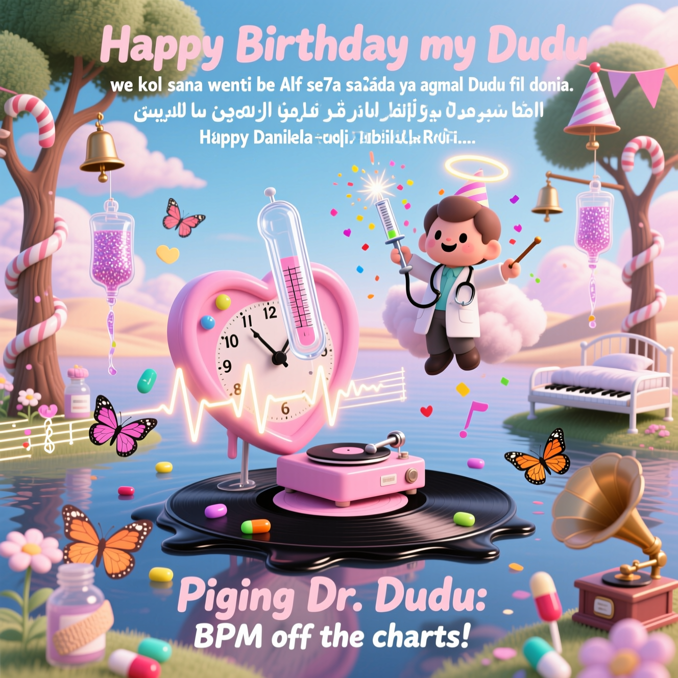 At the top of the Surreal Style image, "Happy Birthday my Dudu we kol sana wenti be Alf se7a we sa3ada ya agmal Dudu fil donia. كل سنة وأنتي طيبة يا دودو وعقبال مية مليون سنة. Happy Birthday Daniela Ro7i. Ba7ibik awee ad el ba7r wel sama."

At the bottom of the image, "Paging Dr. Dudu: BPM off the charts!"

Create a dreamy, cute, Dali-inspired surreal scene:
- Centerpiece: a blush-pink heart-shaped metronome perched on a slowly melting black vinyl lake; its glass thermometer pendulum swings, sending glowing ECG waves that morph into musical staves dotted with candy-capsule notes.
- A chibi-cute doctor floats nearby in a cloud-soft lab coat; their stethoscope curls into a treble clef and the chestpiece is a tiny record player spinning a pastel tune. They conduct with a confetti-filled syringe baton, smiling wide.
- Medicine-meets-music world: IV bags drip glitter that turns into butterfly-shaped eighth notes; pill-bottles bloom into gramophone flowers; bandage butterflies flutter across cotton-candy skies.
- Caduceus trees with candy-cane trunks and ribbon-snake branches wear tiny party hats, chiming gently like wind bells. A piano-key hospital bed undulates into the horizon, melting into soft marshmallow dunes.
- Sky and lighting: ethereal, honey-gold rim light with pearly mist; soft pastel palette (cotton-candy pink, lavender, seafoam, mint, buttercream). Melting shapes and playful proportions throughout; no harsh lines.
- Add subtle birthday accents: sparkler candles shaped like friendly syringes, confetti constellations, and a smiling crescent moon wearing a classic head mirror as a halo.
- Keep visual balance: ample airiness around top and bottom text, with hand-lettered, bubbly script and tiny heart-and-note accents to keep it cute and celebratory.
Generated with these themes: Medicine , Doctor, Music, and .
Made with ❤️ by AI.