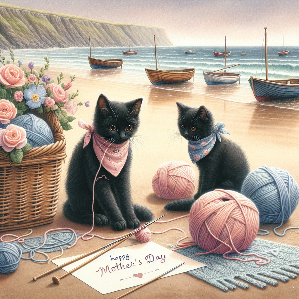Blind black cats, knitting, Yorkshire, beach, boats Mothers-day Card