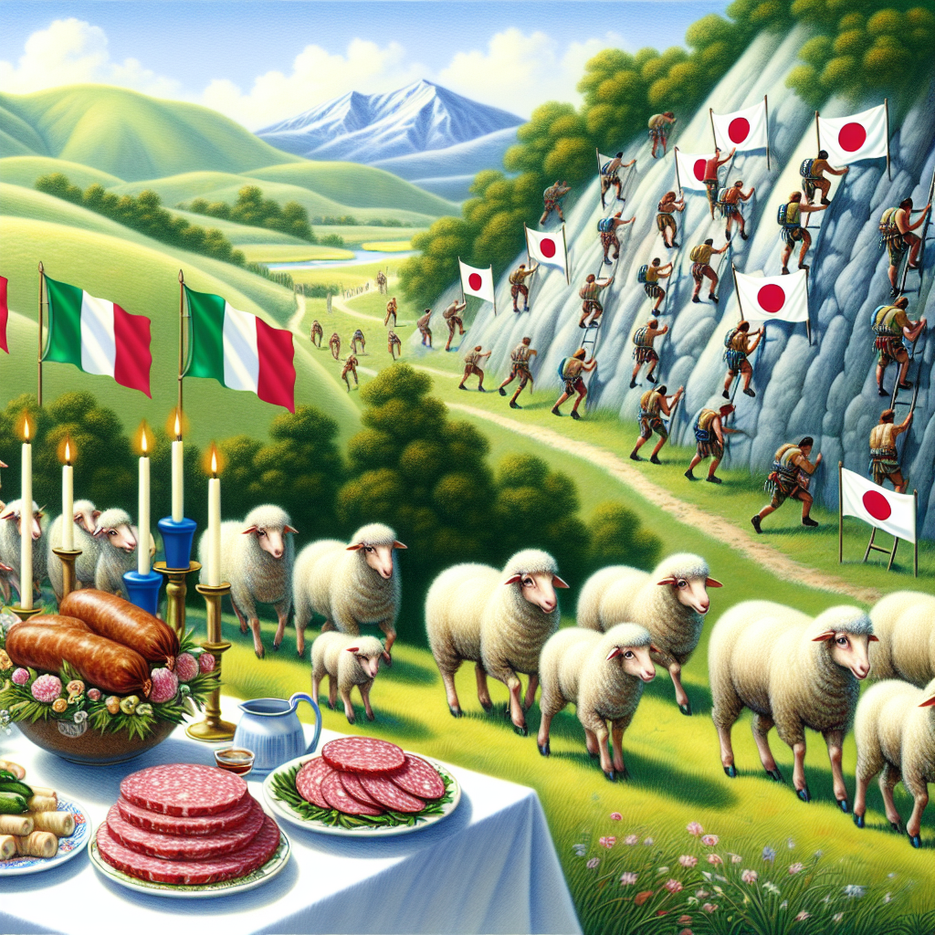 In this touching birthday scene, a jubilant group of bearded sheep roam tranquil, grassy hills dotted with lush trees. Nearby, a jagged cliff face bristles with climbers of diverse descent, excitedly climbing. Their route is adorned with flags featuring the green, white, and red vertical stripes of Italy and Japan's centered red circle on a white background. In the foreground, a festive banquet with an assortment of salami lures the iterators, uniting rustic tastes with the open-air celebration.
Generated with these themes: Salami, Rock climbing , Sheep, Trees, Beards, Japan, and Italy .
Made with ❤️ by AI.