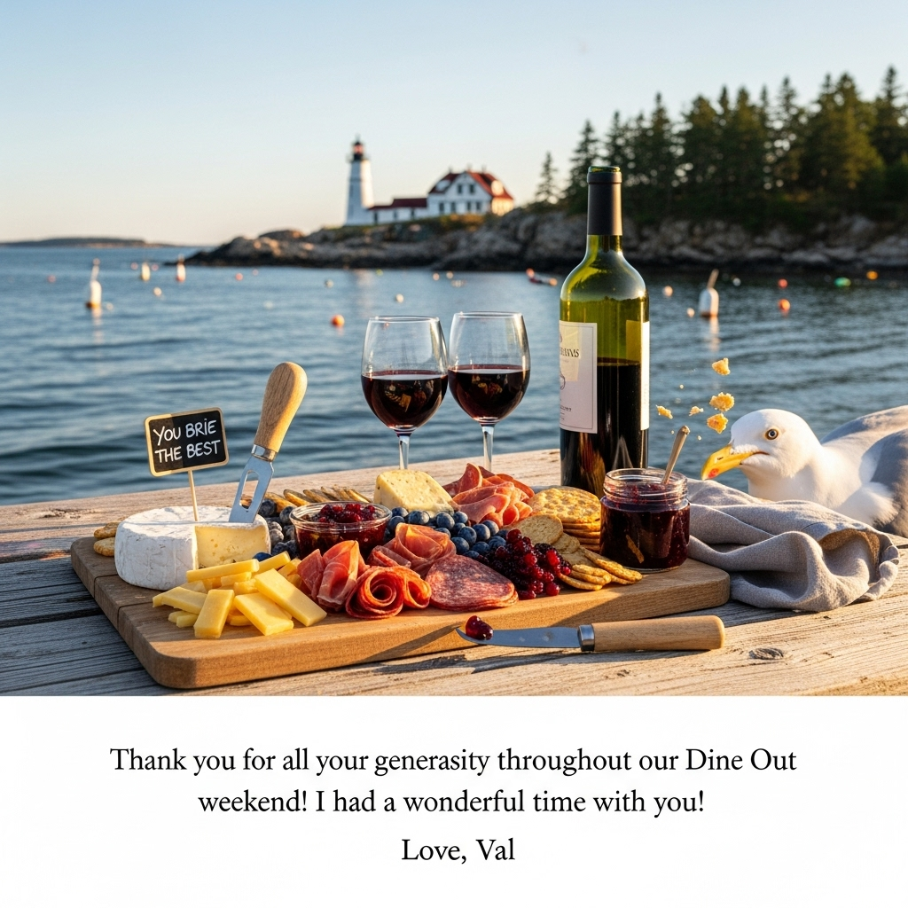 At the bottom of the Photorealistic picture taken from a camera image, Thank you for all your generosity throughout our Dine Out weekend! I had a wonderful time with you! Love, Val

Ultra-high-definition 4K UHD photograph captured at golden hour on a weathered cedar dock along the rocky Maine coast. Foreground: a rustic wooden charcuterie board piled with a creamy brie wedge, aged cheddar shards, paper-thin prosciutto and salami rosettes, artisanal crackers, Maine wild blueberries, cranberry chutney, and a small jar of blueberry jam with a cheese knife glinting in the sun. Beside it, an unlabeled bottle of red wine and two stemmed glasses half-filled; the low sun glows through the wine with rich ruby highlights, soft reflections, and tiny beads of condensation. Background: calm Atlantic water with bobbing lobster buoys, a white lighthouse with a red-roof keeper’s house on a granite outcrop, and dark green pines along the shoreline. A light ocean breeze lifts the corner of a linen napkin and ripples the water.

Funny moment: a mischievous seagull leaning into the frame from the right, beak inches from the salami, one cracker conspicuously missing, a couple of crumbs caught mid-air. Small in-scene text to add humor: a tiny slate cheese marker stuck into the brie reads: You brie the best!

Lighting: warm, directional late-afternoon sun with soft natural fill; lifelike textures—salt spray on the dock planks, matte brie rind, glossy blueberry skins, wine surface highlights. Composition: shot at table height, three-quarter angle; rich depth of field that keeps the board and wine tack-sharp while the lighthouse and coastline fall into a smooth, creamy bokeh. Color palette: coastal neutrals, ocean blues, pine greens, and deep garnet wine tones. No people, no brand labels or additional text besides the cheese marker line and the bottom overlay.

Overlay styling for the provided thank-you message: place it along the bottom, centered, in a clean white handwritten script with a gentle soft shadow for legibility over the dock/water; tasteful and unobtrusive.

Camera details: full-frame camera, 50mm lens, f/4, ISO 200, 1/500s, natural light; true-to-life white balance, high dynamic range, crisp realism.
Generated with these themes: Red Wine, Maine Coast, charcuterie board, and .
Made with ❤️ by AI.