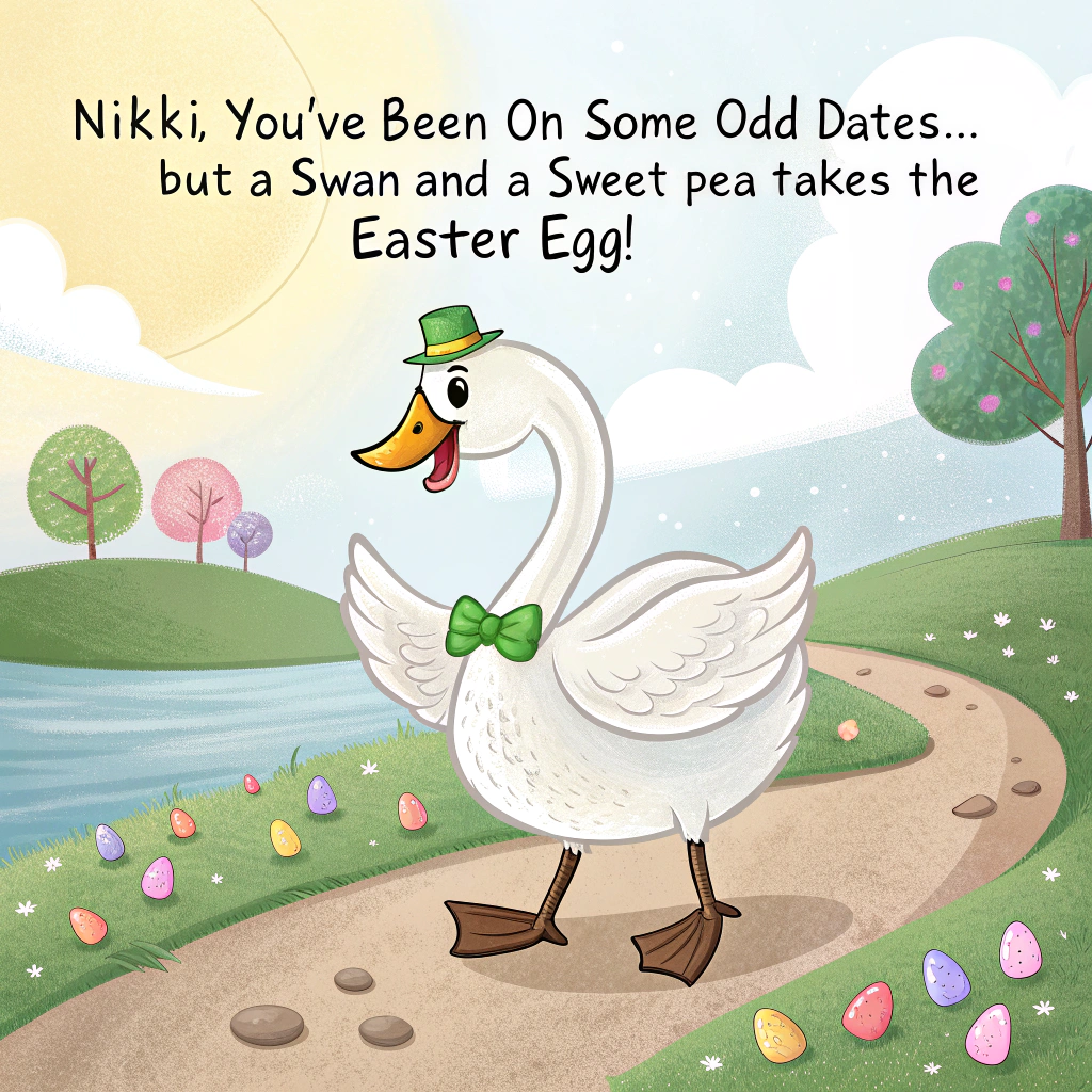At the top of the image, "Nikki, you've bean on some odd dates… but a swan and a sweet pea takes the Easter egg!"

- Create a realistic, high-resolution photographic image of a male swan (white feathers pristine, with a proud pose and slight smirk) strutting alongside an oversized, anthropomorphized sweet green pea (round and shiny with little stick legs and a jaunty bow tie).  
- They're walking hand-in-wing down a sun-drenched countryside path decorated with pastel-colored Easter eggs and spring flowers.
- The swan wears tiny bunny ears and the pea is carrying a tiny woven basket with one chocolate egg in it.  
- In the distance, curious rabbits peek out from bushes with shocked expressions.
- Add subtle sparkles or warm lighting for a magical Easter vibe, keeping everything photo-realistic with a humorous tone.
Generated with these themes: Male Swan and a sweet Green pea walking.
Made with ❤️ by AI.