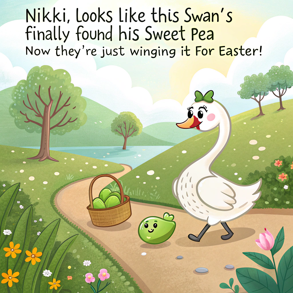 At the top of the realistic photograph image, "Nikki, looks like this swan’s finally found his ‘sweet pea’ — now they're just winging it for Easter!"

- Show a crisp, sunlit, realistic countryside path in early spring.
- A regal-looking male swan (with a slight smirk and maybe a bowtie around his neck) confidently waddles beside an oversized, adorable green pea pod character with cartoonish eyes and tiny sneakers.
- The green pea is mid-stride, cheerfully clutching a mini Easter basket with tiny pastel eggs peeking out.
- In the background, faint silhouettes of other amused animals (like a rabbit covering its eyes or a duck looking bewildered) react subtly to the unlikely duo's proud promenade.
- Light reflections, feather texture, and spring florals should feel vivid and authentic, adding a sense of realism to the absurdly cute scenario.
Generated with these themes: Male Swan and a sweet Green pea walking.
Made with ❤️ by AI.