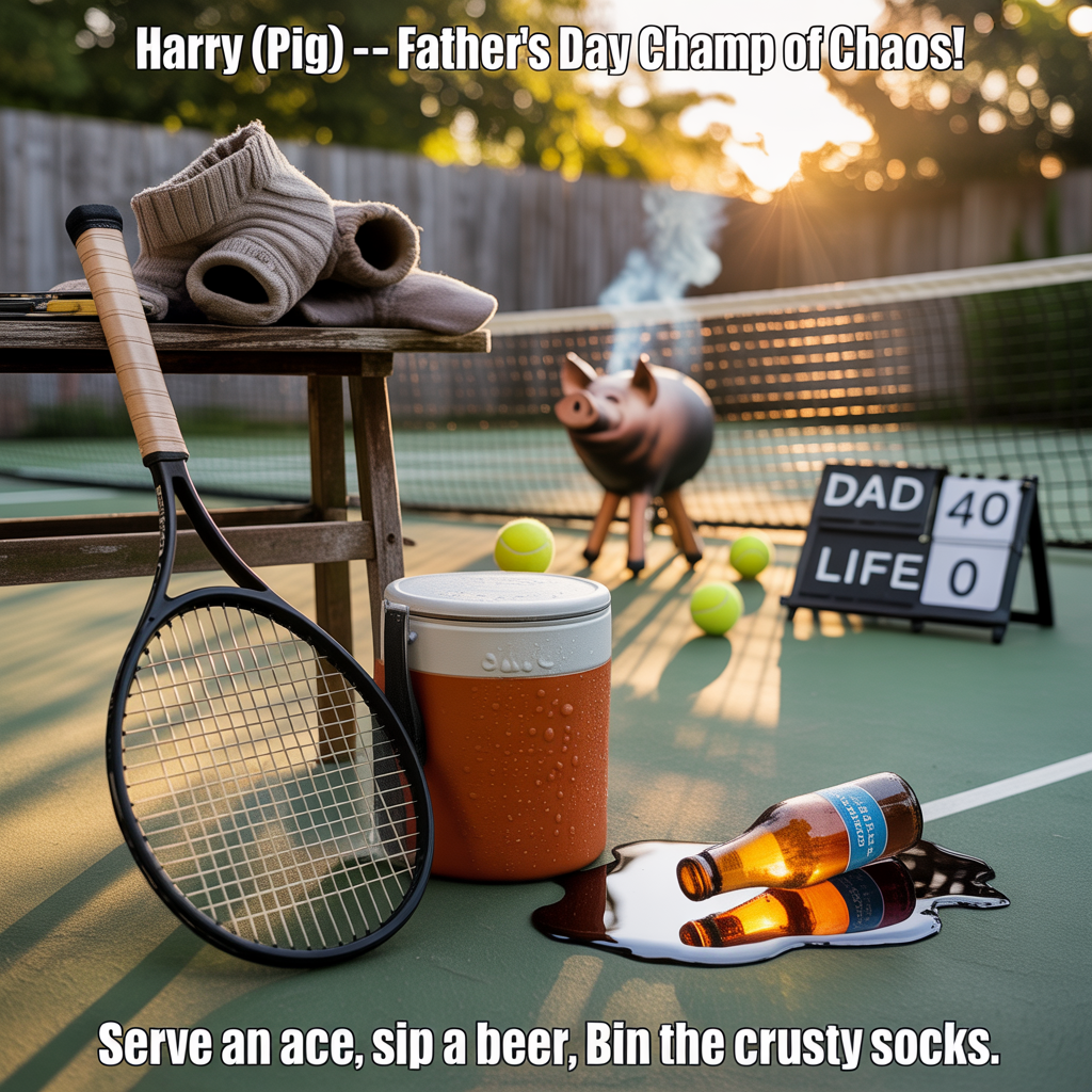 At the top of the Photorealistic picture taken from a camera image, "Harry (pig) — Father’s Day champ of chaos!"
At the bottom of the image, "Serve an ace, sip a beer, bin the crusty socks."

Ultra-high-definition 4K UHD photograph, golden-hour backyard tennis court. Shallow depth of field (50mm, f/2.8), natural warm backlight with realistic bokeh. In the foreground, a scuffed tennis racquet leans on a weathered bench piled with gnarly, crusty gym socks; beside it, a cooler beaded with condensation and a tipped beer bottle forming a small amber puddle on the green court surface. Mid-ground, a pig-shaped charcoal grill gives off a faint wisp of smoke; scattered tennis balls near a slightly sagging net; a cheeky flip scoreboard reading “DAD 40 — LIFE 0.” Lifelike textures: fuzzy tennis felt, frayed wristbands, worn leather grip, fabric fibers on socks, condensation droplets on bottles. Color grade warm and punchy; deep shadows and crisp highlights. Compose for text: top line large, bold, white condensed sans-serif with a soft black drop shadow; bottom line slightly smaller, centered near the baseline area. Keep vibe irreverent and cheeky, realistic camera look, no logos, no gore, no explicit fluids, no drugs, no hate symbols.
Generated with these themes: Drinking piss, Crusty socks , AIDS infested syringes , People called adolf , Tennis , His mother (milf) , and .
Made with ❤️ by AI.