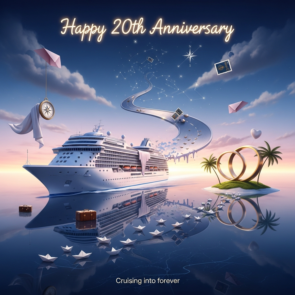 At the top of the Surreal Style image, "Happy 20th Anniversary" in softly glowing, hand-lettered gold script, gently haloed

Dreamlike, Dali-inspired surrealism: a luminous white cruise ship glides across an ocean that melts seamlessly into a twilight sky. The ship’s porcelain hull gently softens and flows into a silvery ribbon-road that winds up into the heavens, studded with faint passport-stamp constellations and a dissolving compass rose. Its wake blossoms into a glowing heart that unfurls into two interlocking golden rings rising like serene islands. Clouds curl like folded love letters; a draped, melting compass hangs over the bow; palm fronds on the ring-islands curve like clock hands. Twenty tiny paper boats trail behind, each turning into a star—an elegant nod to 20 years. Ethereal lighting in blush dawn and deep sapphire with pearl highlights, soft lens bloom, and long surreal shadows. Sincere, tender mood; otherworldly yet warm. Subtle traveling motifs embedded throughout: vintage suitcase silhouettes in the reflections, faint map lines whispering beneath the glassy water, postage stamps drifting as birds. High detail, glassy reflections, calm surface, quiet horizon; no people.

At the bottom, a small, understated caption in warm white: "Cruising into forever."
Generated with these themes: Cruise Ship, Travelling , and .
Made with ❤️ by AI.