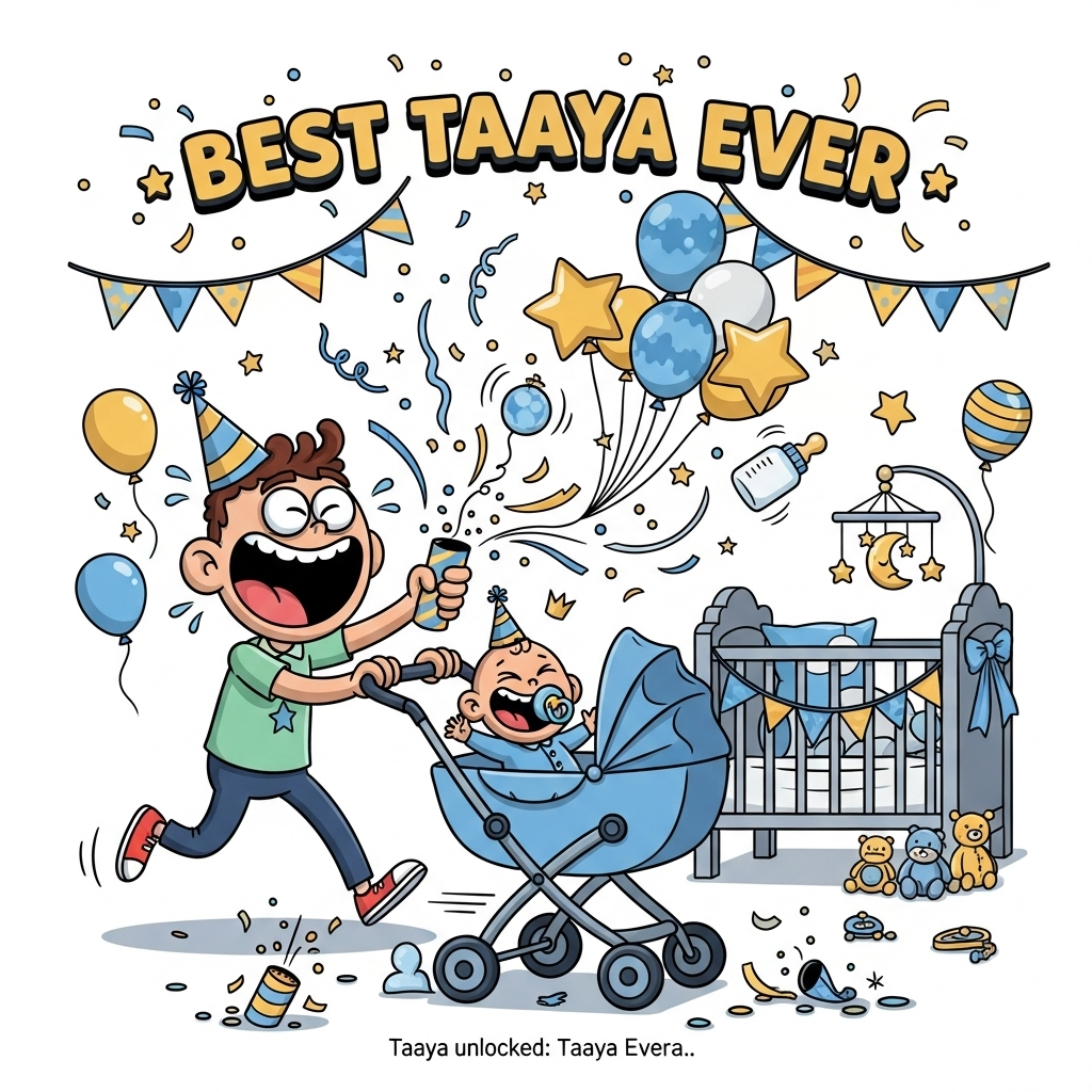 Congrats on becoming a Taaya, Baby Boy, Dummy, Pushcahair, Baby Cot, best Taya ever, Party, balloons, poppers, and Congratulations Card