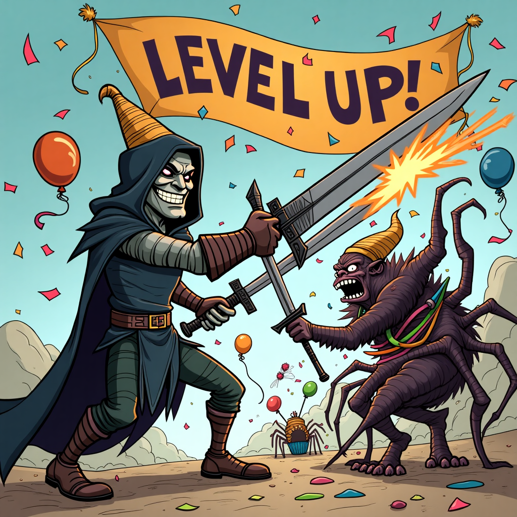 At the top of the cartoon image, “Happy Slay-day, Myst Do'denyr—hope you stick it to your enemies like Lolth!”

Prompt:  
A funny cartoon-style image of a dramatic yet absurd birthday battle scene. A smirking dark elf with fabulous party hats poking through their battle-worn hood is striking a ridiculous, overly heroic pose as they swing a giant birthday-cake-themed sword straight into a towering, monstrous Lolth (Queen of Spiders), who looks more shocked than wounded. Behind the dark elf, a flamboyant swordsman is accidentally tangled in party streamers, swinging his sword wildly at a spider-shaped piñata. Confetti and balloons fly everywhere amid the chaos, with a “LEVEL UP!” birthday banner torn halfway down by an overenthusiastic fireball in the background. Mood: hilarious, chaotic fantasy fun.
Generated with these themes: Dark elf killing lolth, Swordsman, and .
Made with ❤️ by AI.