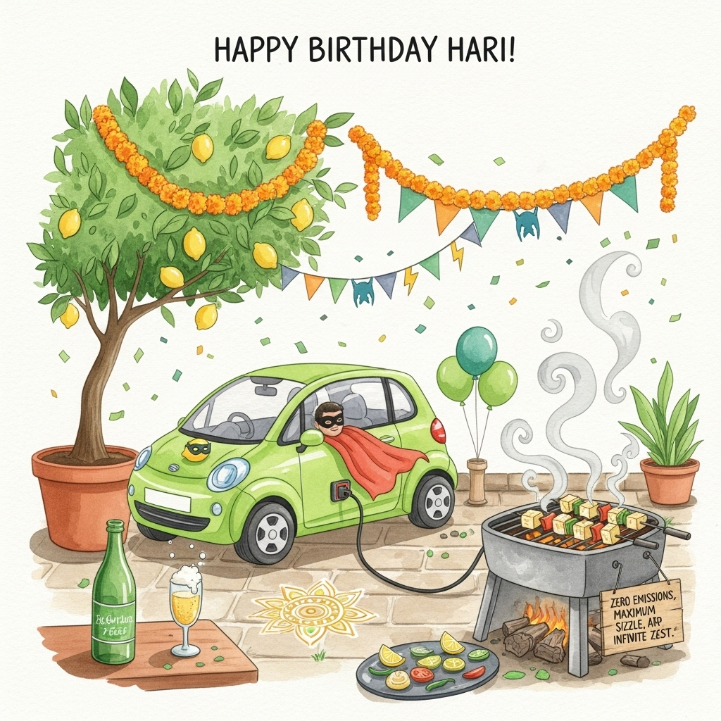 Electric car, Bbq, Lemon tree, Cider, Green, Marvel films, India, and Birthday Card