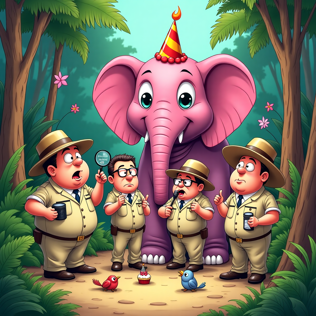 **Image Prompt:**

A group of overly serious, cartoonish politicians dressed in full safari gear — khaki suits, floppy hats, binoculars, and exaggerated maps — bumble through a dense, whimsical jungle with magnifying glasses and “Elephant Tracker 3000” gadgets. They are all loudly debating, pointing in different directions, and clearly missing the enormous, wide-eyed, bubblegum-pink elephant who is nonchalantly sitting right behind them. The elephant is wearing a party hat, blowing a noisemaker, and holding a birthday cupcake with a candle. Birds and jungle critters watch in amused confusion. One politician is consulting a GPS that shows “Pink Elephant: Not Found.” The background is bright and lush, filled with colorful flora and secret birthday decorations half-hidden among the trees.  

**Style & Mood:**  
Playful, satirical cartoon illustration with exaggerated expressions and lively colors — full of visual gags and absurd detail.
Generated with these themes: politicians hunting the pink elefant but dont dont see him.
Made with ❤️ by AI.