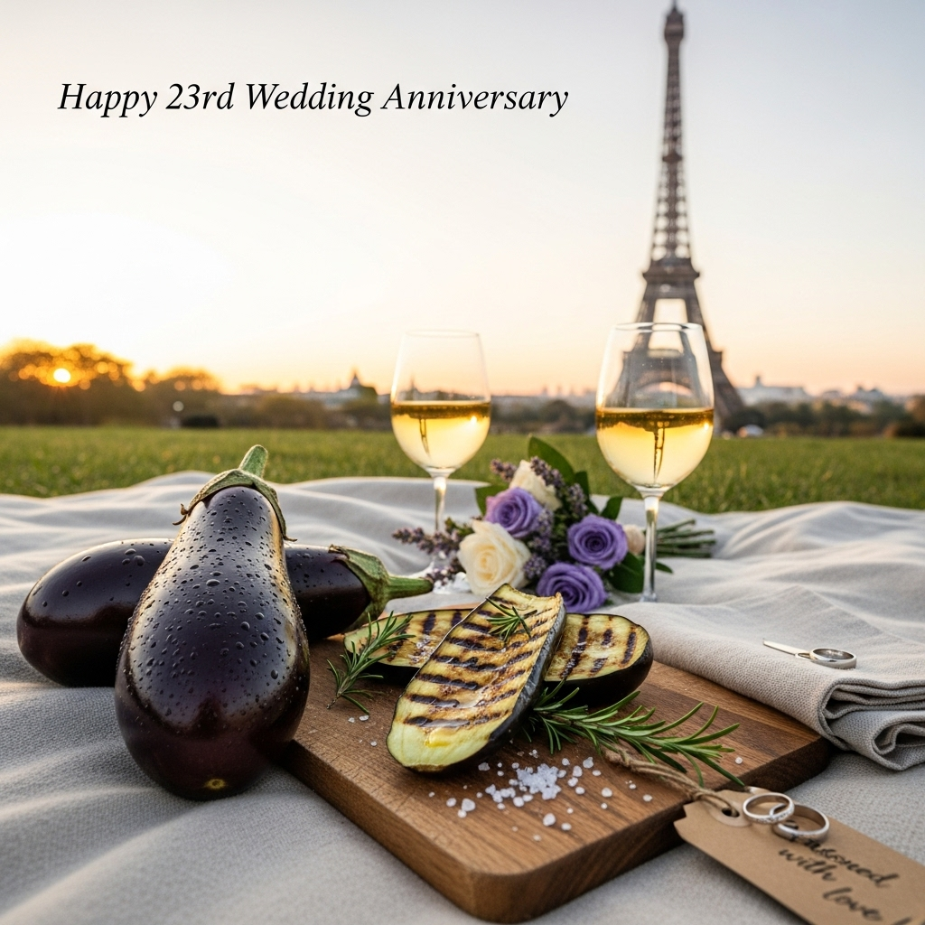 At the top of the Photorealistic picture taken from a camera image, Happy 23rd Wedding Anniversary

Ultra-high-definition 4K UHD, true-to-life photograph at golden hour on the Champ de Mars, Paris. Low-angle shot framed to leave soft open sky for the title, with the Eiffel Tower rising in gentle bokeh in the background. In the crisp, foreground focus on a cream linen picnic blanket: two glossy aubergines (eggplants) with tiny dew droplets beading on their deep purple skin; a rustic wooden board with tender, grilled aubergine slices showing delicate char marks and a drizzle of olive oil, scattered sea salt and a sprig of rosemary; two elegant wine glasses catching warm sunset reflections; a small bouquet of lavender and ivory roses; and two simple wedding bands resting on a folded linen napkin. Warm, accurate natural lighting, lifelike textures on the aubergines, wood grain, fabric weave, and grass blades; rich depth of field with the Eiffel Tower softly blurred yet clearly recognizable. Composition guided by the rule of thirds: aubergines and rings in the lower-left third, Eiffel Tower in the upper-right third. Color palette: aubergine purples, creamy linen, sunlit golds, and fresh spring greens for a sincere, romantic mood. Subtle vignetting, true-to-life color grading, no heavy filters. Shot on a full-frame camera with a 50mm prime lens, f/2.2, ISO 200, 1/400s, producing natural bokeh and delicate highlights.

Small text on a kraft tag near the cutting board, in a light, handwritten script: “Seasoned with love.”
Generated with these themes: Eiffel tower, aubergines, and .
Made with ❤️ by AI.
