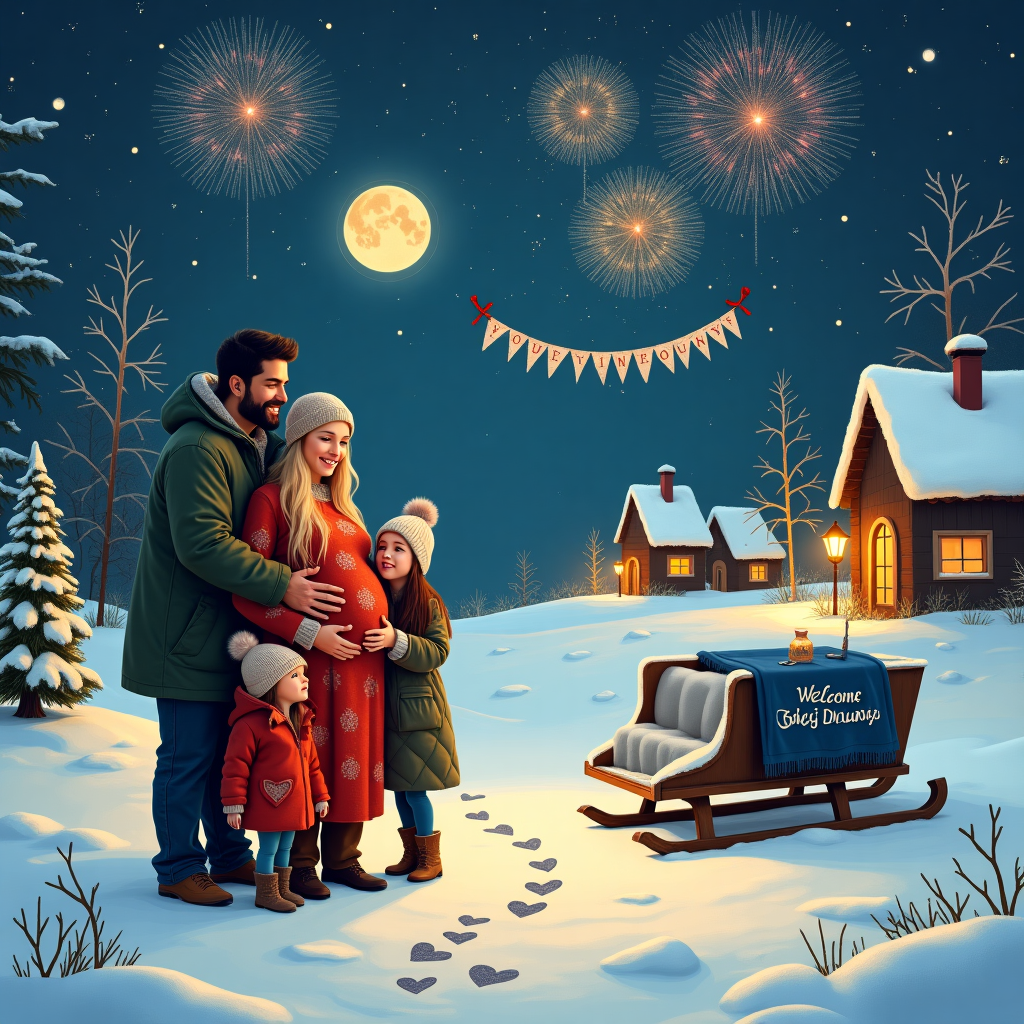 2025, Fireworks, Welcome, Love, Winter, Outside, Realistic, 2 sisters brown  long hair, Mother blonde hair and pregnant, Father light brown skin short black hair, and Cozy New-baby Card