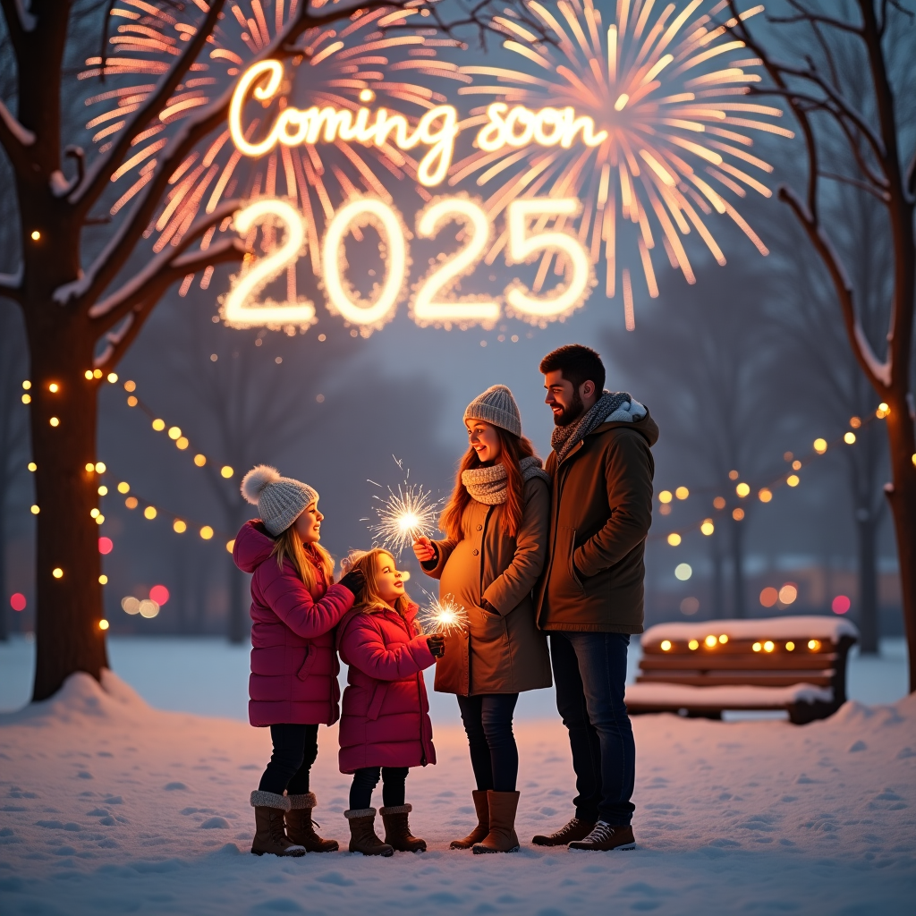 2025, Fireworks, Welcome, Love, Winter, Outside, Realistic, 2 sisters brown  long hair, Mother blonde hair and pregnant, Father light brown skin short black hair, and Cozy New-baby Card