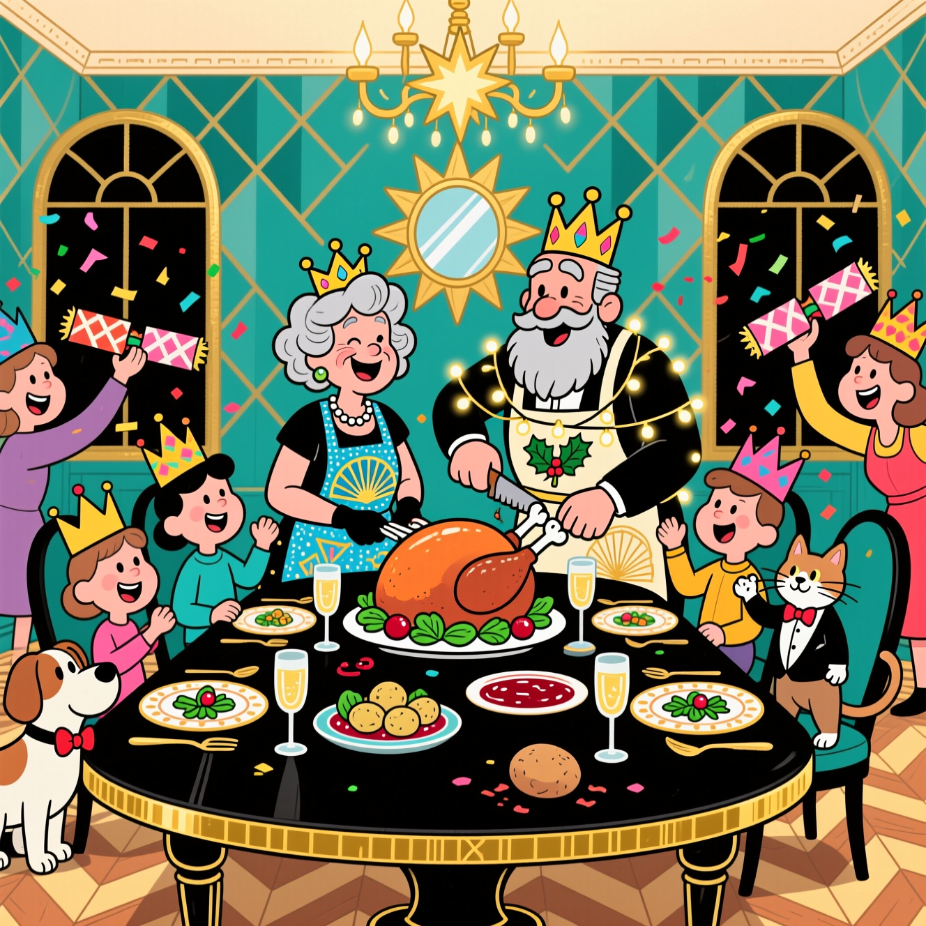 They are an older couple, he has a beard, Family Christmas dinner, Art deco, and Birthday Card