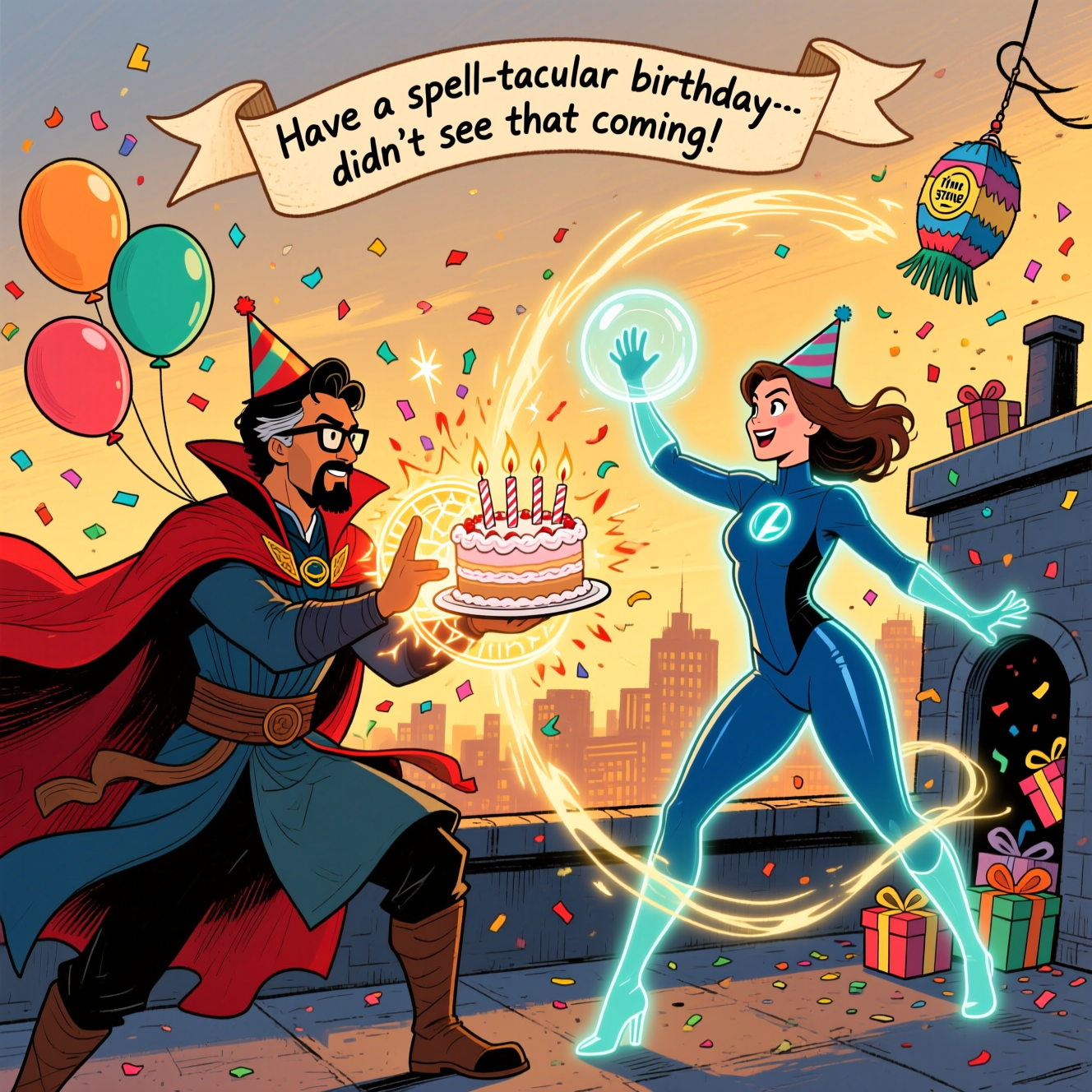 Dr Strange marvel (Pakistani brown skin with black glasses) fighting , Fight scene Marvel , Invisible woman (fantastic four) , Battle fight scene , and Birthday Card