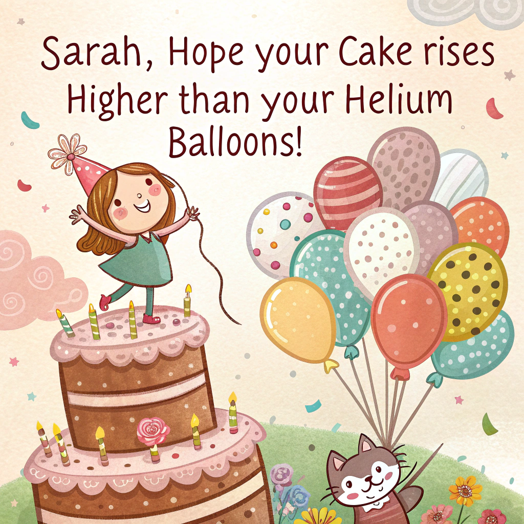 At the top of the image, "Sarah, hope your cake rises higher than your helium balloons!"

- In the center of the image, show a delightfully chaotic birthday scene with a wide-eyed cartoon Sarah floating upwards, clinging to a bundle of oversized, polka-dot balloons, while a huge multi-layer cake below has comically puffed up and exploded in frosting — a daisy crown perches crookedly on the cake, and pastel flowers rain gently around the scene. A cheeky party cat wearing a tiny floral hat pops out from behind a stack of presents, waving a balloon string in its paw.
Generated with these themes: Happy Birthday Sarah , Cake , Flowers , and Balloons .
Made with ❤️ by AI.