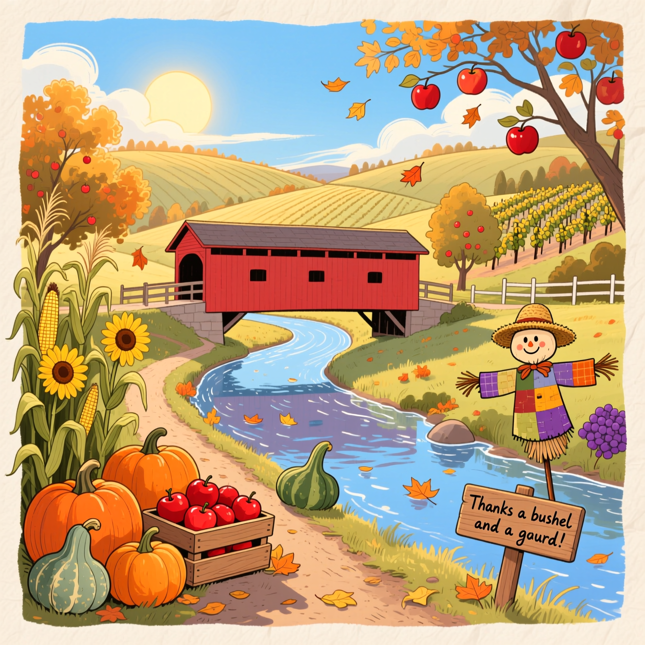 Autumn, covered bridge, stream, fall leaves, pumpkins, vineyard, apples, apple trees, sunflowers, gourds, blue sky, sun, corn stalks, scarecrow, and Thank-you Card