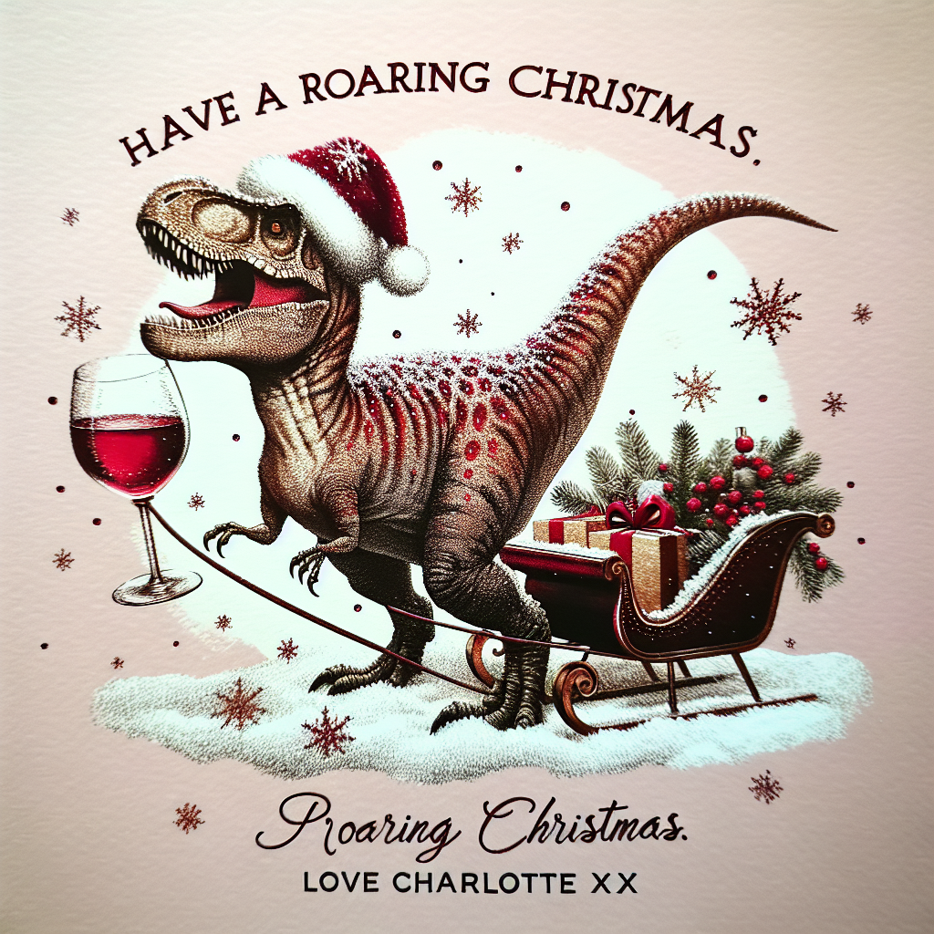T-rex with a Christmas hat on, riding a sleigh with glass of red wine in hand Christmas Card
