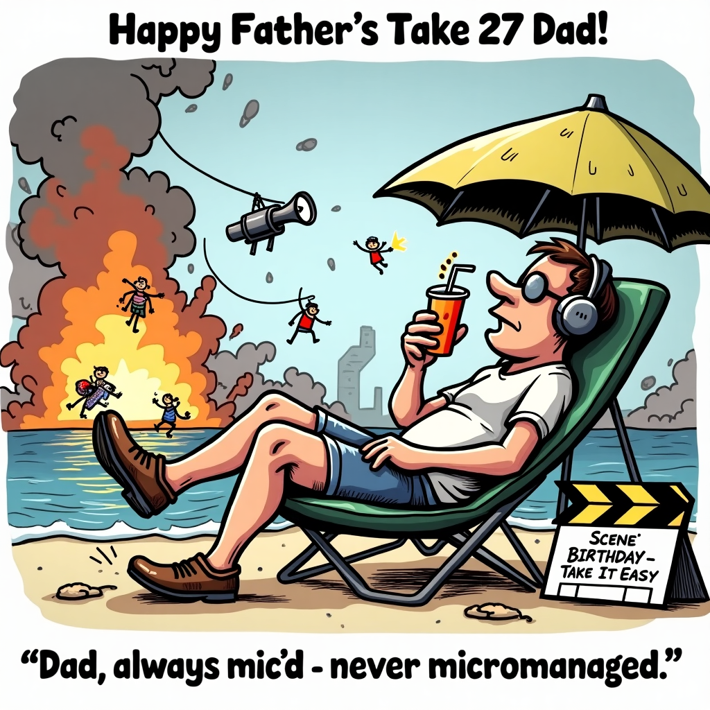 At the top of the cartoon image, *Happy Father's Take 27, Dad!*

A cartoon scene set on the chaotic set of an over-the-top action movie. Explosions freeze mid-air, stunt people hang from wires, and the director is frantically yelling through a megaphone. Amid the chaos, a relaxed boom operator (Dad) is reclining in a foldout chair under a tiny beach umbrella. He's got headphones on, a half-spilled smoothie in one hand, the boom mic lazily resting above him like a fishing rod. A clapperboard near him reads: "Scene: Birthday – Take It Easy."

In bold text near the bottom of the image:  
**Dad, always mic’d never micromanaged.**
Generated with these themes: Boom operator relaxing on set of action movie. Text on card must say: Dad, always mic’d never micromanaged. Please do not include anymore text..
Made with ❤️ by AI.