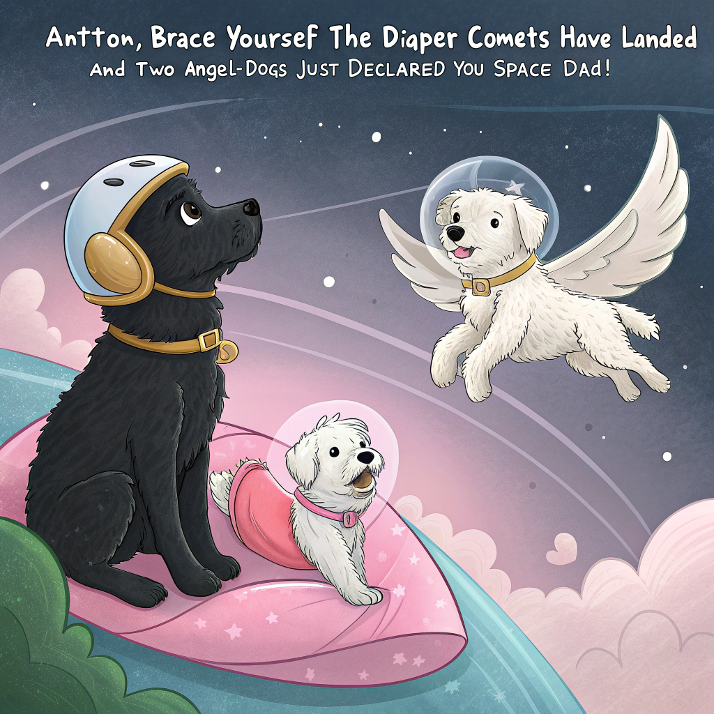 At the top of the image, "Antton, brace yourself — the diaper comets have landed and two angel-dogs just declared you Space Dad!"

— In the center of the realistic photograph-style image, depict a hilarious yet heartwarming sci-fi scene: a black angel dog and a white angel dog with feathery wings, both wearing tiny astronaut helmets, are flying in joyful circles around a squishy pink baby wrapped in a galactic swaddle blanket.  
— The baby is peacefully floating in zero gravity on a vibrant alien planet, with oversized jellybean-shaped mountains and blue double suns in the sky.  
— The angel dogs have cosmic baby supplies in tow — one’s hauling a floating bottle-shaped rocket, the other dragging a diaper satellite labeled “Poop Patrol.”  
— Stars twinkle behind them as a small sign reads “Welcome to Planet Parent-hood, Antton!”  
— Funny and lighthearted details like space pacifiers and a UFO mobile complete the cosmic chaos with love.
Generated with these themes: White and black angel dog, Flying, and Another planet.
Made with ❤️ by AI.