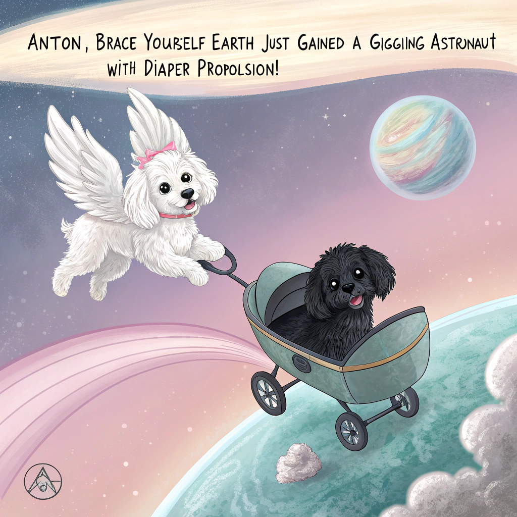 At the top of the realistic photograph image, "Antton, brace yourself—Earth just gained a giggling astronaut with diaper propulsion!"

– Depict a realistic, whimsical scene of two angel dogs (one fluffy white, one sleek black) soaring through a cotton-candy sky above an alien planet, each with tiny wings and halos. They are towing a levitating space bassinet containing a swaddled baby with cartoonishly big, curious eyes. The background reveals the curve of the planet with pastel-colored craters, stars twinkling in the distance, and flying space rubber duckies trailing behind. The vibe is adorably surreal—like heaven, space, and comedy had a baby.
Generated with these themes: White and black angel dog, Flying, and Another planet.
Made with ❤️ by AI.