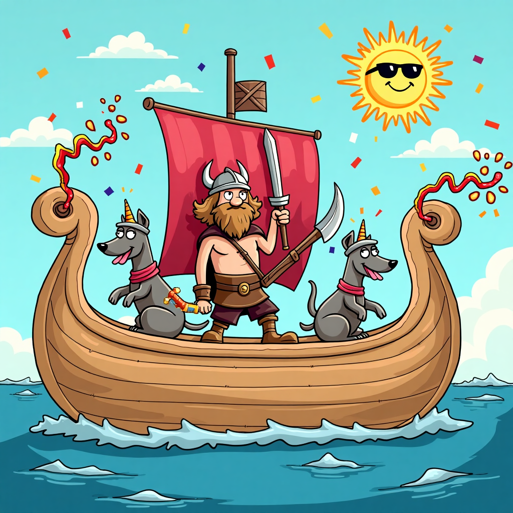 **At the top of the cartoon image:**  
"ALBERT THE BOLD! Conquering Birthdays Faster Than Viking Greyhounds!"

**Image Prompt:**  
A cartoon-style scene featuring a hilariously epic Viking ship made entirely out of giant dog bones, sailing across a sea of birthday cake frosting. At the helm stands ALBERT, cartoonishly dressed as a fierce but goofy Viking, wielding a balloon sword instead of an axe. Surrounding him are three muscular yet lovable greyhounds wearing horned helmets and wagging their tails as they row with oversized chicken legs. One greyhound is navigating using a squeaky toy as a compass. Confetti cannons mounted on the sides of the ship are firing out streamers and candles. The sun in the sky has a goofy, smiling face wearing sunglasses. The overall style is bright, colorful, and full of playful details to bring the hilarity and energy of the birthday Viking/greyhound mashup to life.
Generated with these themes: VIKING, and GREYHOUNDS.
Made with ❤️ by AI.
