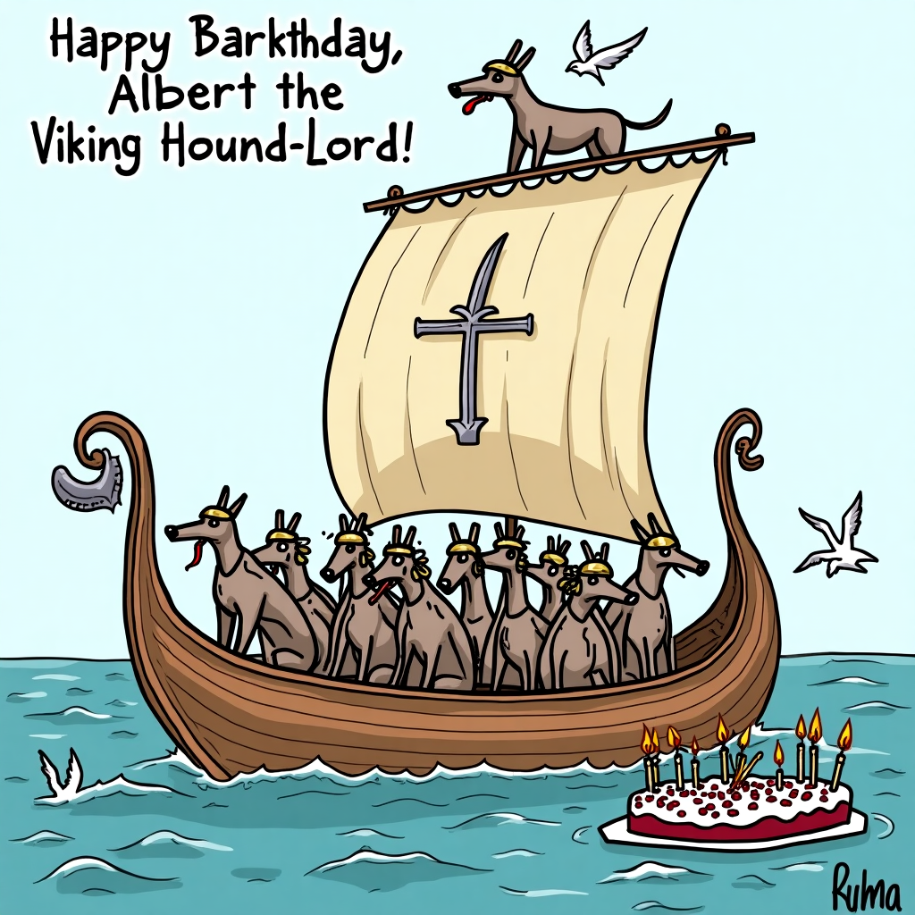 At the top of the cartoon image, "Happy Barktday, Albert the Viking Hound-Lord!"

Prompt:  
A hilarious cartoon scene showing a rugged Viking longboat sailing through the ocean—but instead of Viking warriors, it's crewed entirely by long-nosed, helmet-wearing greyhounds! Each greyhound has a little horned helmet, shaggy beard (even the lady hounds), and is enthusiastically howling at seagulls or clumsily wielding battle-axes. One greyhound stands majestically at the bow like a dramatic captain, its tongue flapping in the wind. On the sail of the longship is a doodle of a birthday cake crossed with a sword. Off to the side, a giant birthday cake floats on a shield in the water, with candles blown out by the breeze. The overall color palette is bright and silly, and the scene is full of chaotic birthday energy and wagging tails.
Generated with these themes: VIKING, and GREYHOUNDS.
Made with ❤️ by AI.