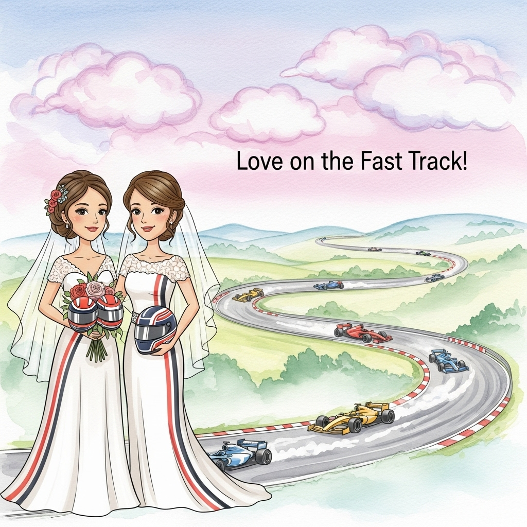 **Prompt for Image Creation:**
**Image Style:** Cute Wedding in Watercolor
**Scene Description:**
Imagine a charming scene where two joyous brides, with sparkling eyes and radiant smiles, stand in the foreground. They are clad in elegant wedding attire, blending the grace of bridal gowns with subtle nods to their love for Formula 1 racing. Perhaps one has a bouquet of flowers shaped like tiny racing helmets, or their dresses have subtle racing stripes incorporated in a chic and stylish manner.
Behind them, a whimsical watercolor depiction of a Formula 1 track can be seen winding through a gentle, rolling landscape. The track curves in soft pastel hues, hinting at the thrill of racing without overpowering the serene wedding atmosphere. Tiny, colorful racing cars — rendered in delicate watercolors — zoom playfully around the circuit, leaving behind trails of misty, ethereal color that merge into the soft blues and greens of the surrounding scenery.
Above the brides, a sky of soft, dreamy clouds painted with shades of pink and lavender stretches across the card, embodying both the romantic setting and the carefree, adventurous spirit of Formula 1.
**Text Suggestion:**
"Love on the Fast Track!"
Generated with these themes: Lesbian, formula 1, and .
Made with ❤️ by AI.