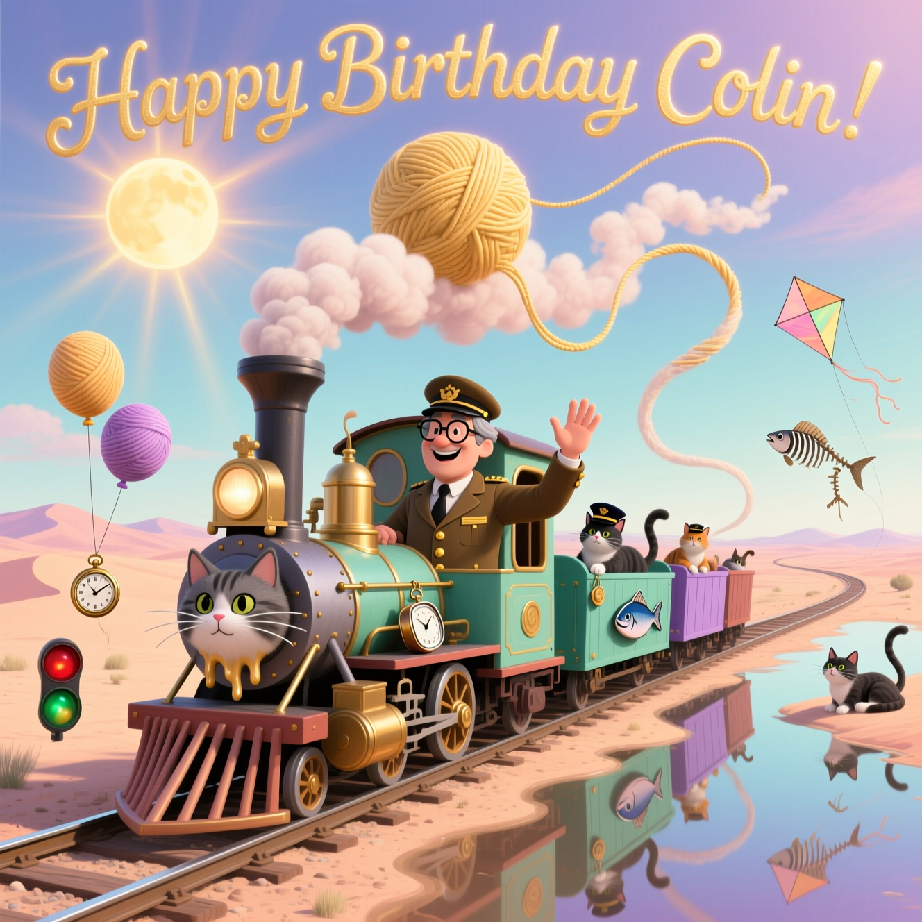 At the top of the Surreal Style image, Happy Birthday Colin

Dreamlike, Dali-inspired surrealism: a whimsical vintage steam locomotive with a cat-like face and whiskers, its boiler gently melting over ribbon-rails that loop into floating Möbius arcs across a pastel desert. The train driver, a cheerful figure with short grey hair and glasses in a classic conductor cap and brass-buttoned jacket, leans from the cab waving, painterly and stylized, not photorealistic. Cats everywhere: some in tiny conductor hats lounging on the carriages, others chasing drifting yarn-balloons that double as signal lights, a few napping on drooping pocket-watches shaped like tuna cans hanging off the rails. The smokestack exhales fluffy cat-shaped clouds that drift upward to form the title, softly glowing. The sun is a giant glowing ball of yarn unspooling threads of gold across apricot-to-indigo skies; mirrored puddles reflect the looping rails; distant fish-skeleton kites float lazily; elongated shadows and melting shapes create impossible perspective. Ethereal lighting, volumetric god-rays, iridescent highlights, rich painterly textures and soft film grain. Tall, full-bleed composition with strong leading lines toward the driver and the text; funny, whimsical mood in a dreamlike landscape. Color palette: peach, mint, lavender, teal, and brushed brass accents.

Text styling: top title formed by the smoke-cloud letters, legible, soft-gold edged and slightly wavy.
At the bottom, a small playful caption in hand-painted script: “All aboard the Purr-thday Express!”

No other text or logos.
Generated with these themes: Train Driver with short grey hair and glasses, Cats, and .
Made with ❤️ by AI.