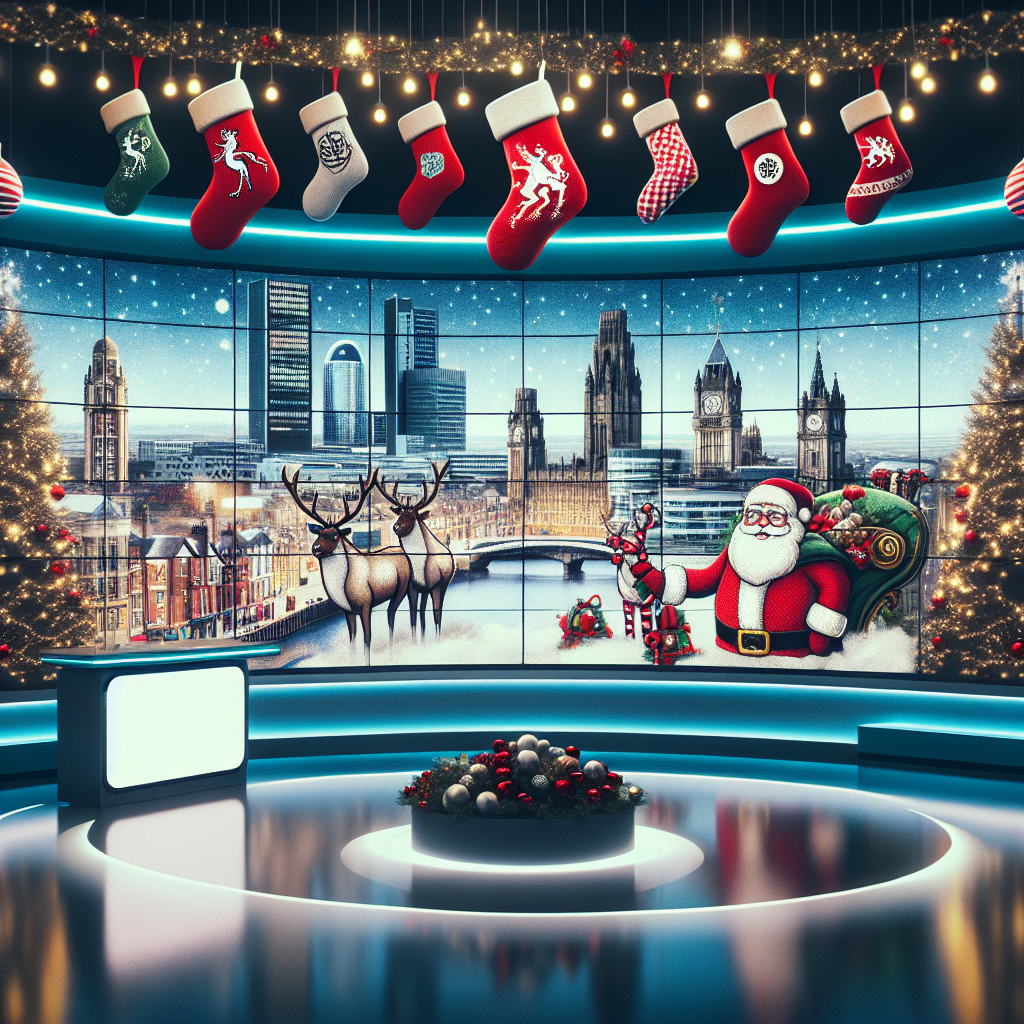Christmas stockings around a TV studio , Manchester , Media city , Santa and reindeer, and Decorations Christmas Card