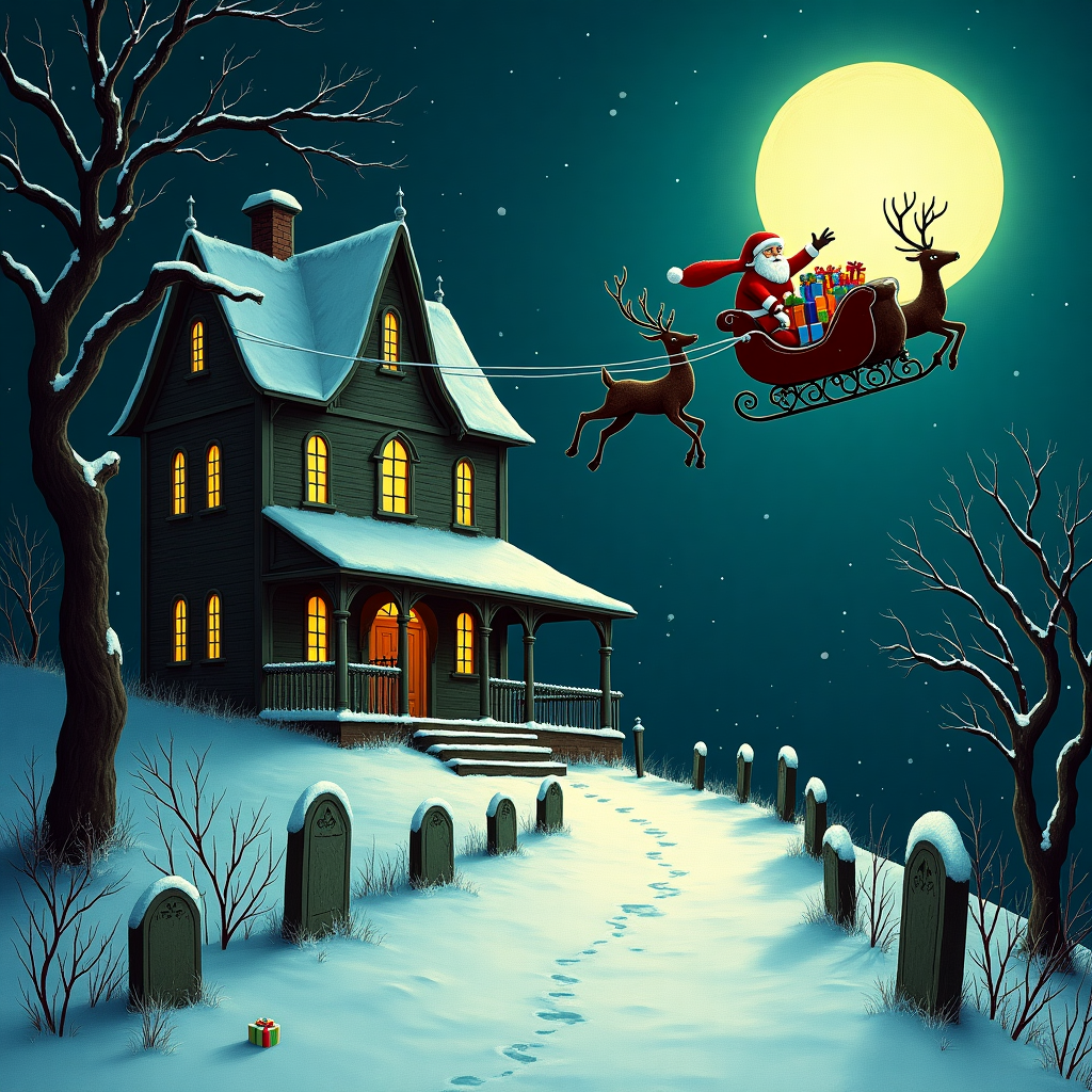 The scene unfolds on a frosty Christmas Eve, with a haunted house perched ominously atop a snow-blanketed hill, its Gothic architecture reminiscent of Edward Gorey’s intricacies, with spindly turrets and a wrought iron fence, casting jagged shadows across the moonlit ground. The house's windows are aglow with an eerie green luminescence, suggesting supernatural activity within. In the foreground, a barren, twisted tree stands guard, its skeletal branches clawing towards the sky. As the eye travels upwards, the luminescent full moon, inspired by Maxfield Parrish’s ethereal light, hangs heavy in a star-studded indigo sky, illuminating a jovial Santa Claus, drawn with a nod to Quentin Blake’s whimsical looseness. He is mid-flight in a sleigh brimming with colorful, wrapped gifts tied with ribbons, tugged by his reindeer team whose antlers gleam with frost, echoing Maurice Sendak’s creatures in form and spirit. One reindeer looks over its shoulder towards the house with a curious eye. Tiny snowflakes dance around the sleigh, captured in a moment of serenity amidst the spectral setting, each flake etched with the delicacy of Beatrix Potter’s fine details. Below, a forgotten pathway meanders towards the house, bordered by snow-dusted gravestones and overgrown weeds that suggest long-abandoned visits, pulling from Arthur Rackham’s enchanted forests. This marriage of whimsical festivity and ghostly allure beckons the viewer into a narrative that blurs the line between festive wonder and spectral mystery.
Generated with these themes: haunted house with santa and his reindeer flying around it in the moonlight.
Made with ❤️ by AI.